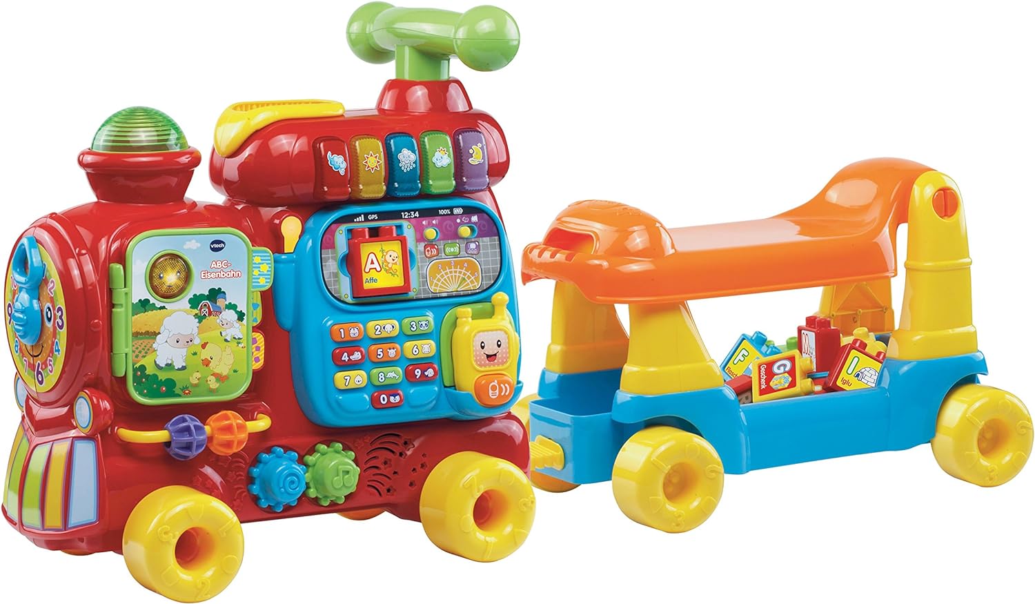 VTech Baby 80 181904 ABC Eisenbahn Rutschfahrzeug Zieh oder Laufwagen und Spielboard mit Zahlen Buchstaben Farben Tieren und Musik