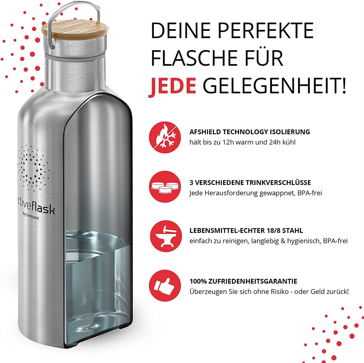 Flasche, Trinkflasche, Edelstahl, Bambusdeckel, Auslaufsicher