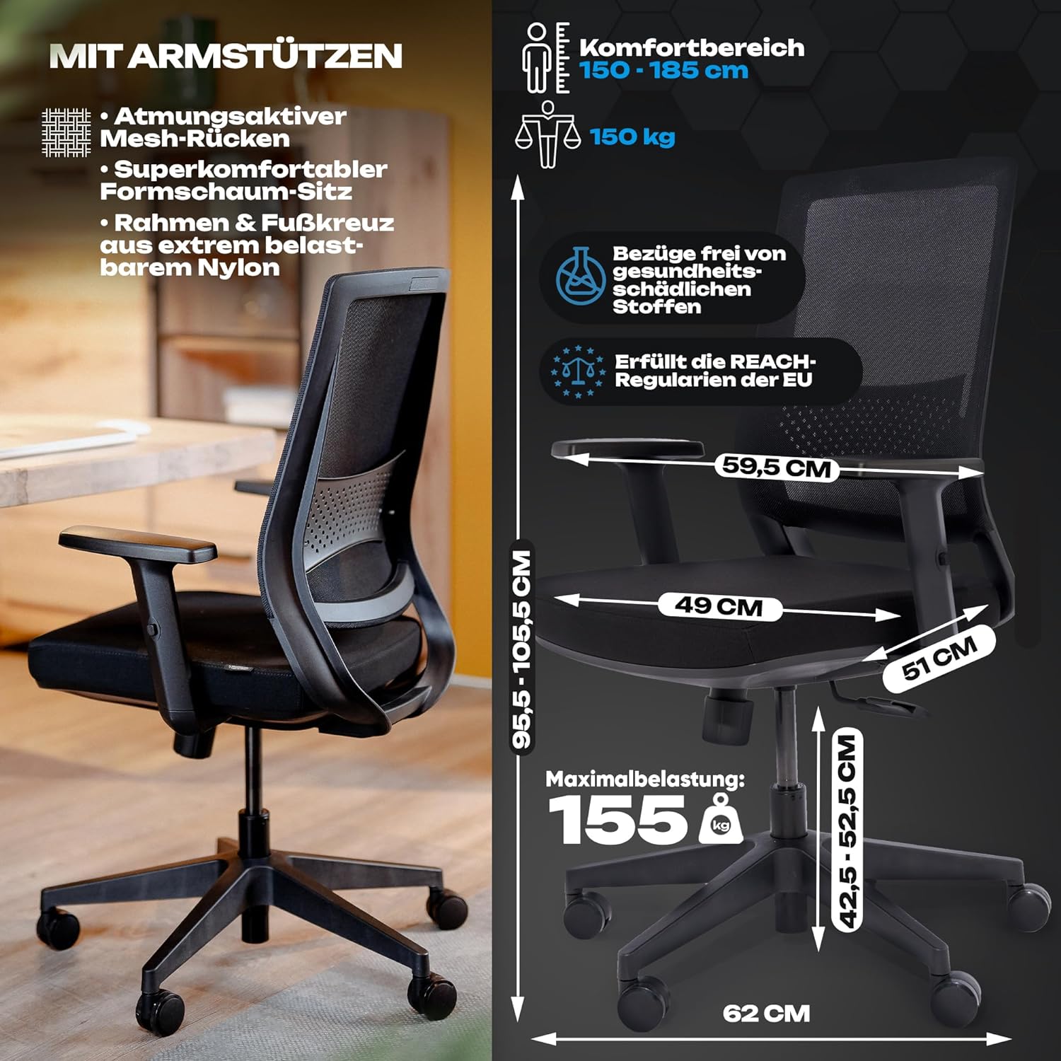 VALKENSTOL M2 Ergonomischer Bürostuhl 150 kg Schreibtischstuhl