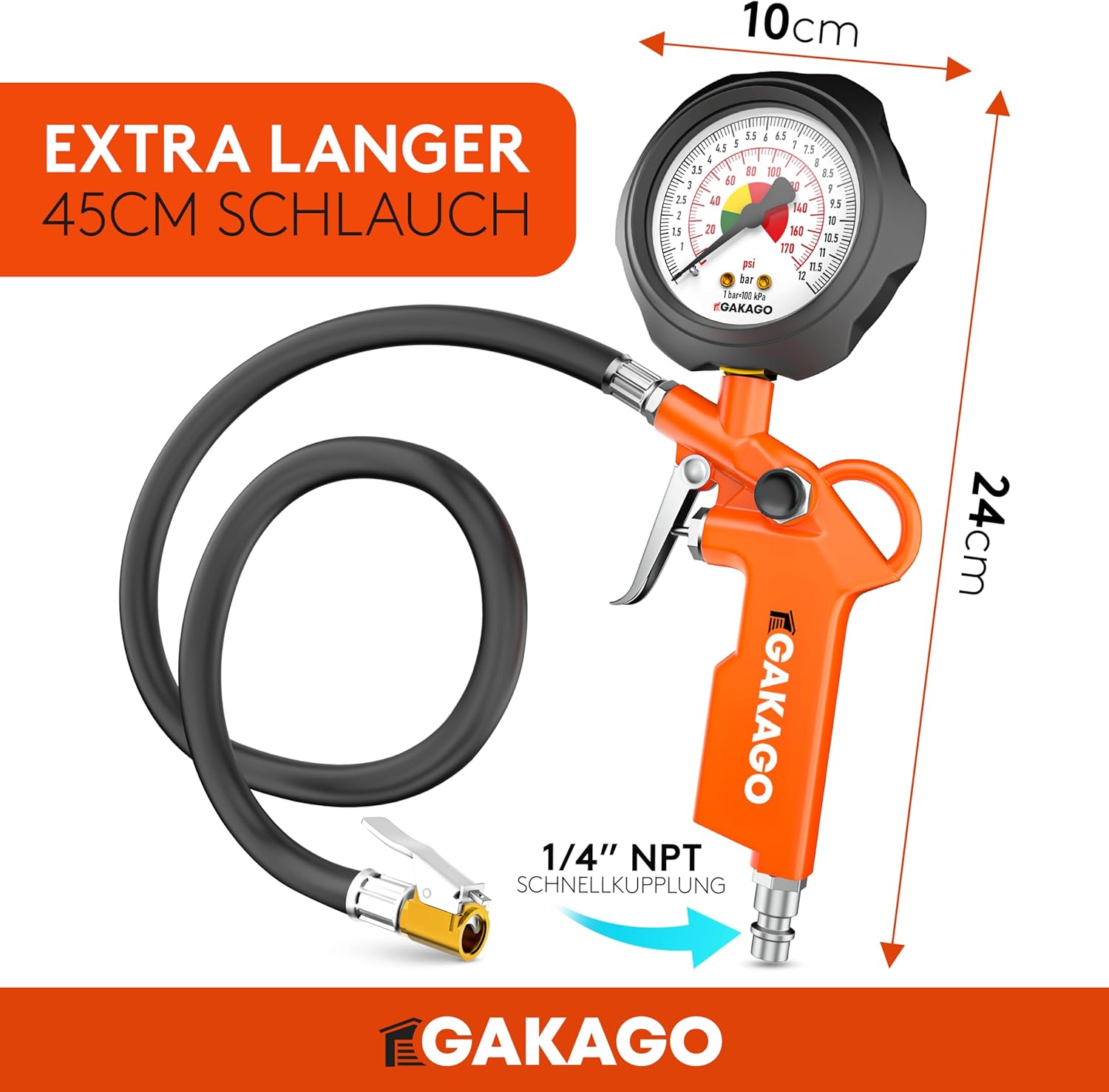 Gakago Reifenfüller Präziser Reifendruckfüller mit hochwertigem 0-12 bar Druckluft Manometer Extra langer 45cm Reifenfüllschlauch Vielseitiger Reifendruckprüfer für Auto LKW Fahrrad