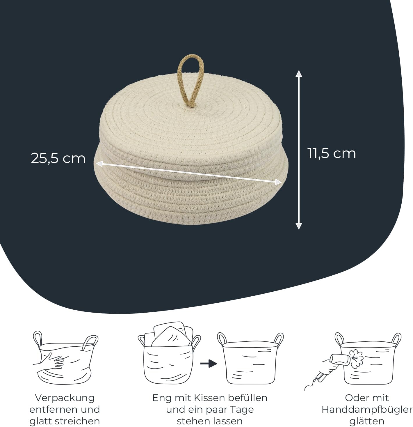 HMF Aufbewahrungskorb Badezimmer rund Korb mit Deckel aus Baumwolle Flach 25,5 x 11,5 cm Creme