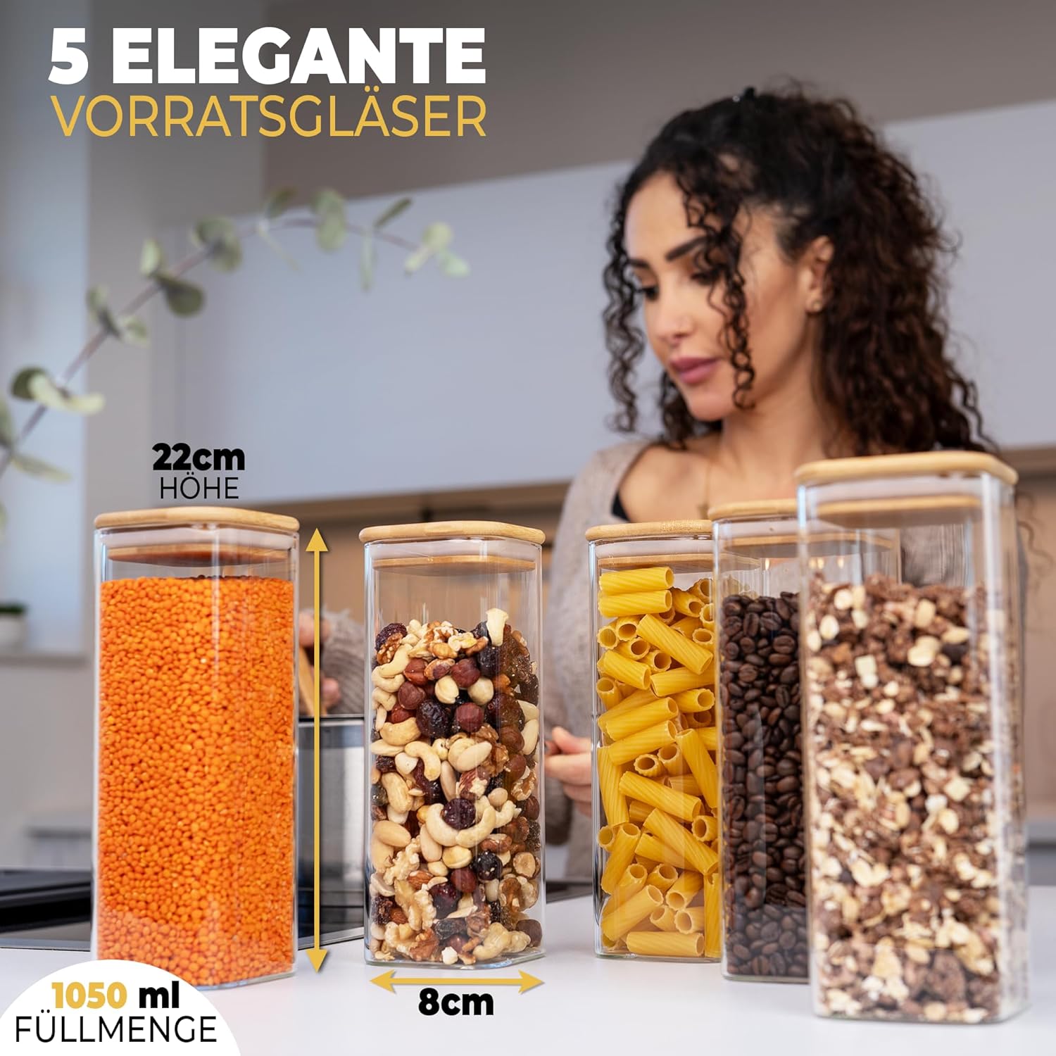 CLIDOR Vorratsgläser 5er Set  Vorratsdose Glas mit Bambusdeckel eckig