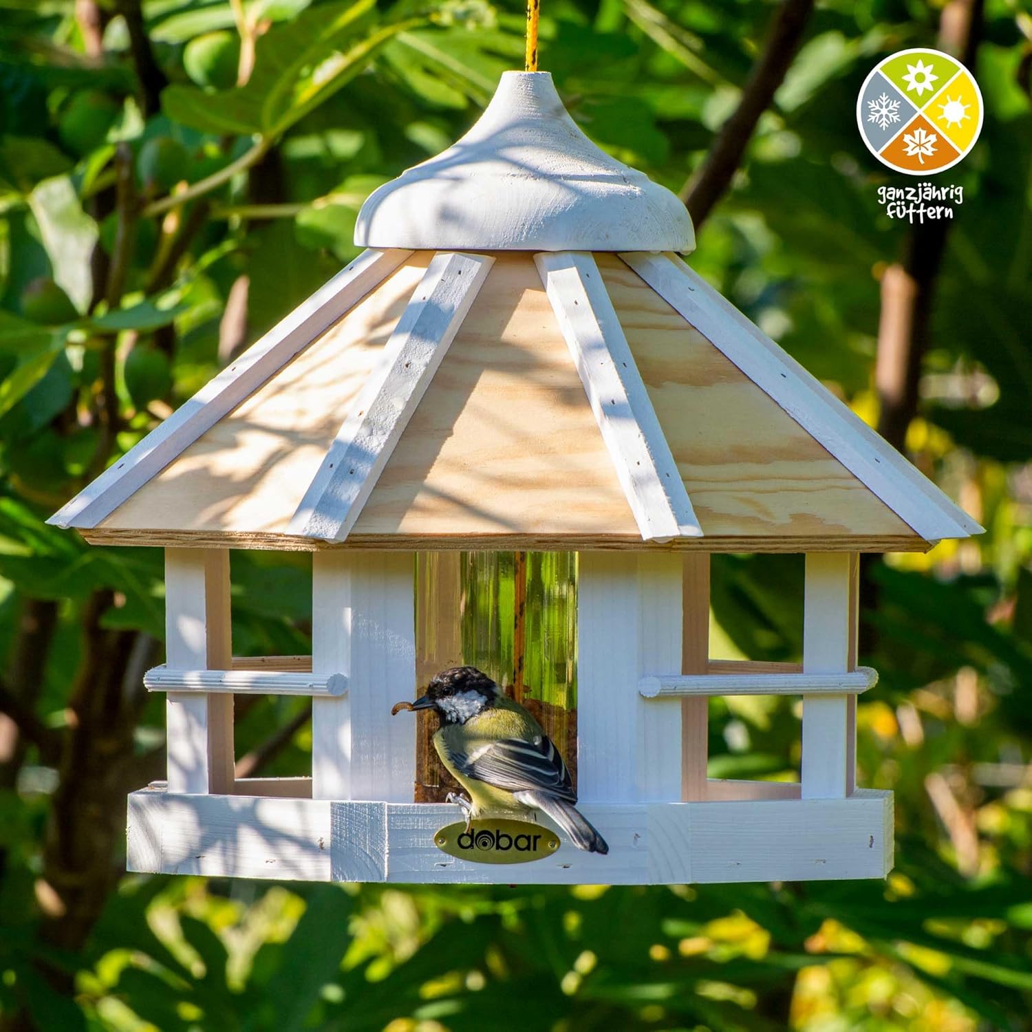 dobar Vogelhaus Schneeflocke 8-Eck hängend mit Futtersilo - Vogelfutterhaus aus Holz  Weiß