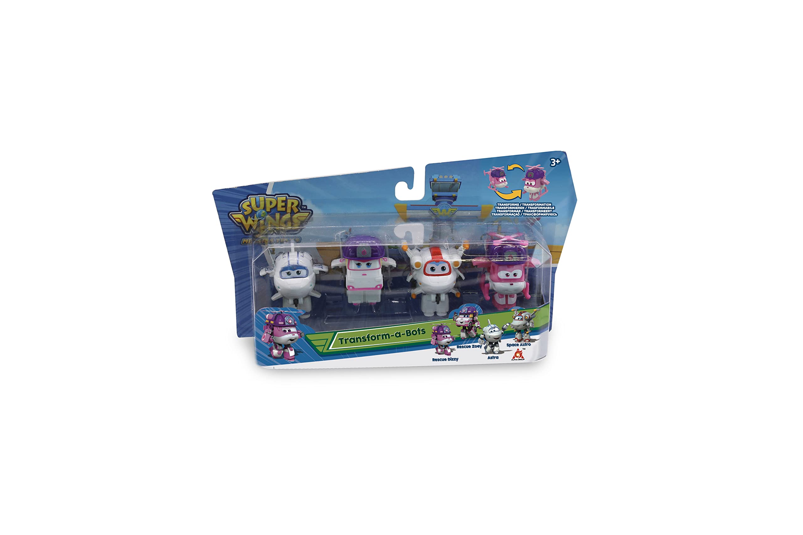 Super Wings Transform-A-Bots 4pk-Rescue Dizzy, Rescue Zoey, Astra, Space Astro Spielfiguren Transformer, verwandelbare Spielflugzeuge und Roboterfiguren, Spielzeug für Kinder ab 3 Jahren – 5 cm