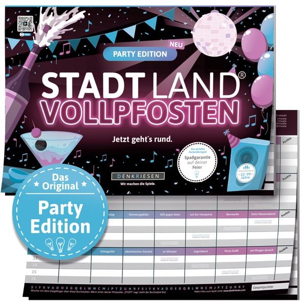 DENKRIESEN - Stadt Land VOLLPFOSTEN® - Party Edition - 'Jetzt geht's rund.' DIN A4 Spielblock 50 Blatt Partyspiel Geschenk