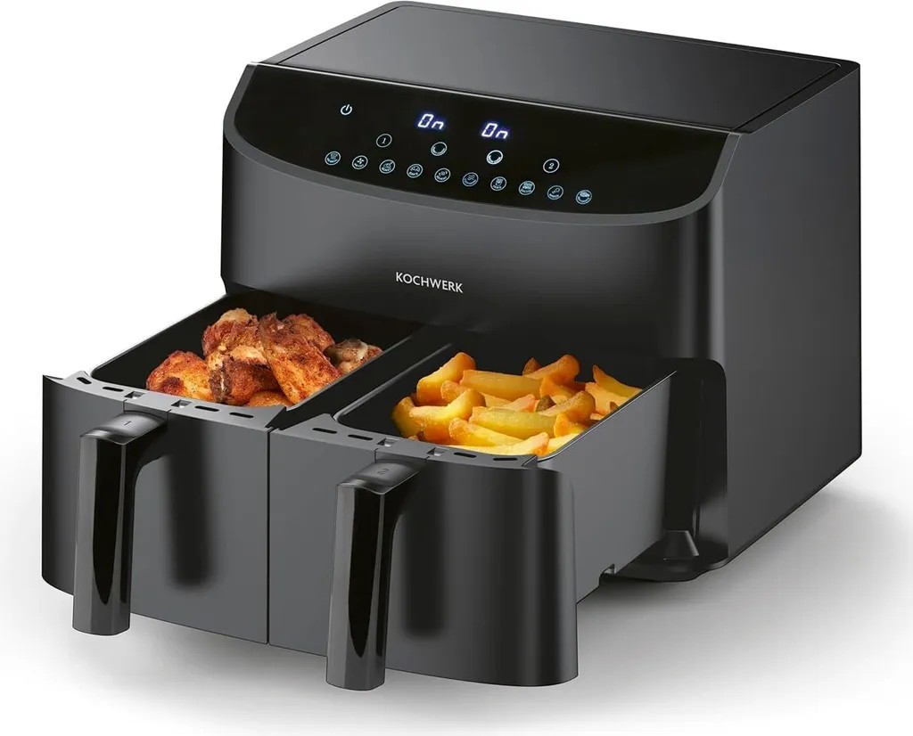 Doppelkorb-Heißluftfritteuse, Doppelkorb, Schwarz, Digitalanzeige, Fritteuse