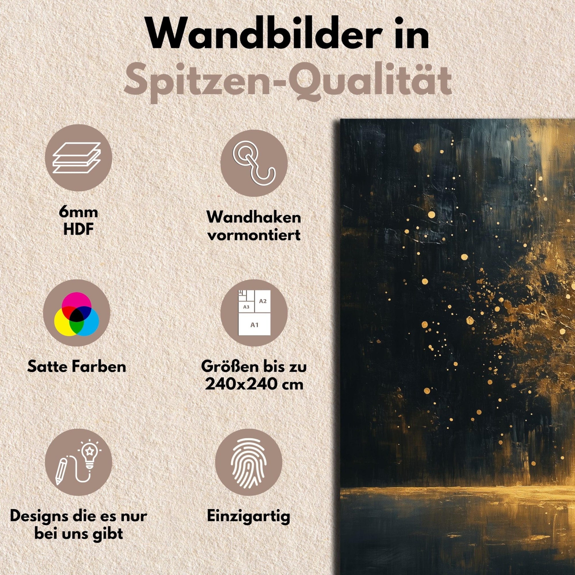 Wandbild, Abstrakte Kunst, Schwarz-Gold, HDF-Platte, Spritzmuster