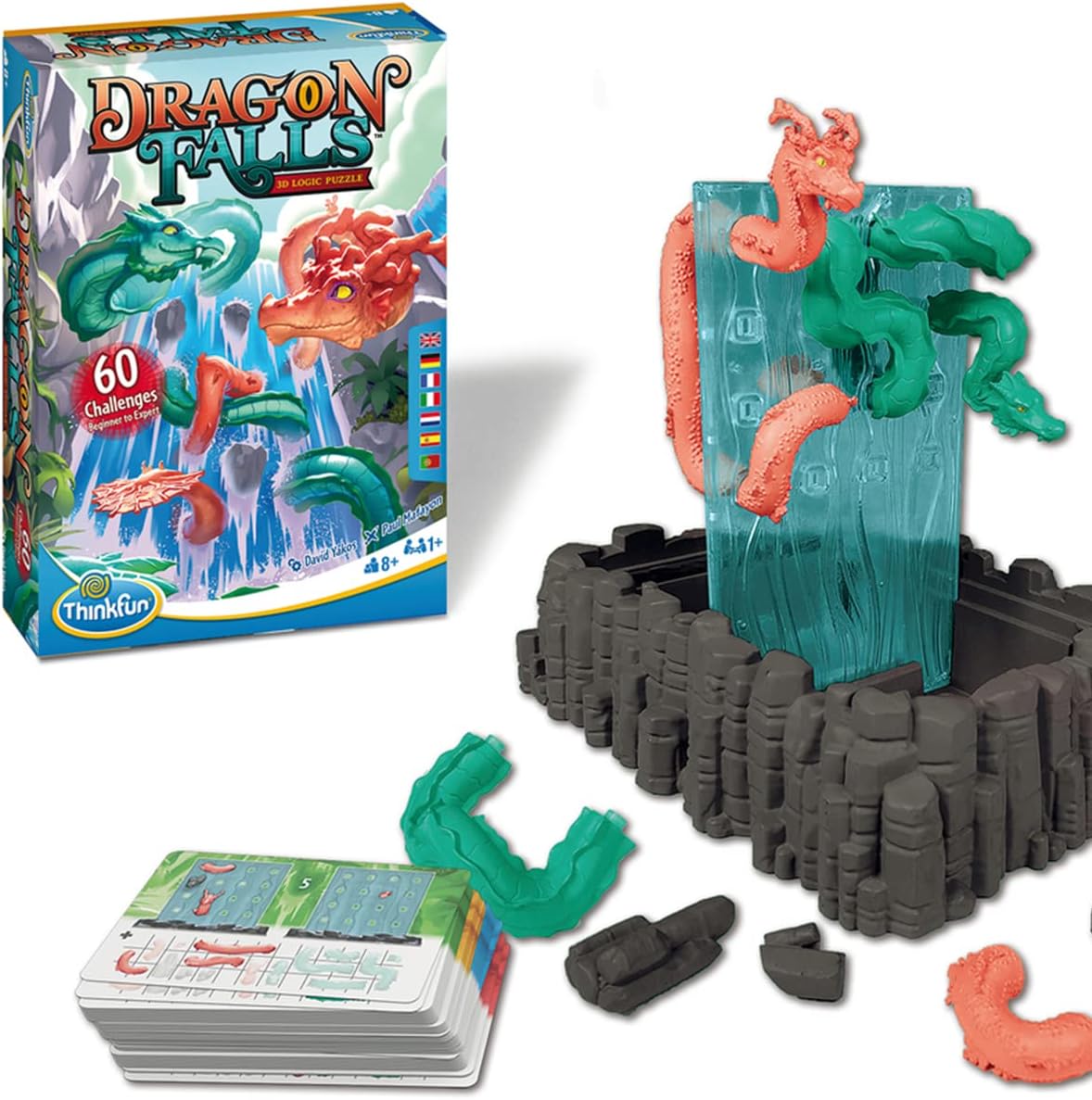 ThinkFun 76496 Dragon Falls 3D Logikspiel Brettspiel für Denker und Tüftler Drachen Wasserfall