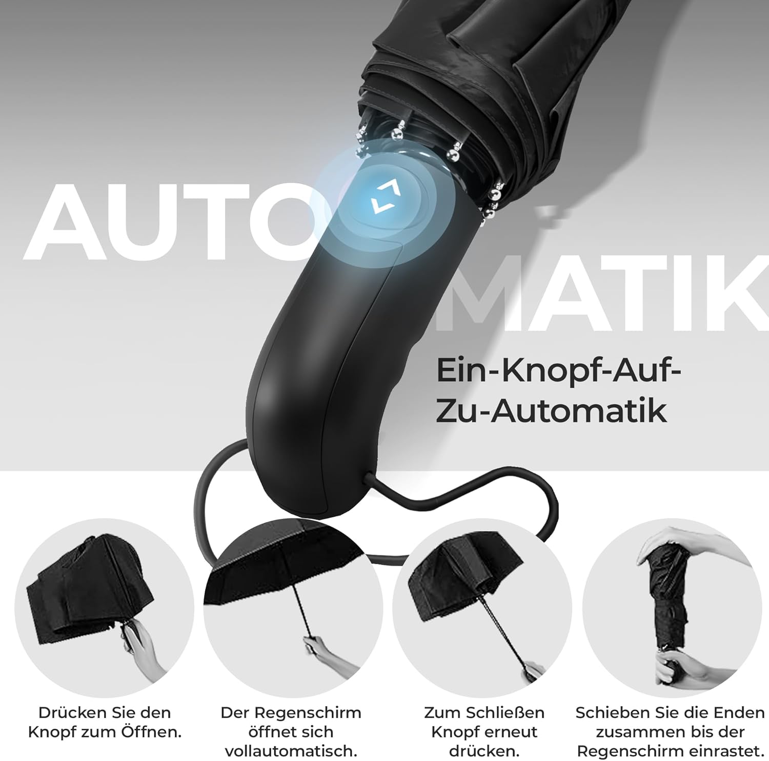 Wilford & Sons Regenschirm Taschenschirm Sturmfest + Auf-Zu Automatik Reiseschirm Taschenregenschirm Golfschirm Umbrella schwarz