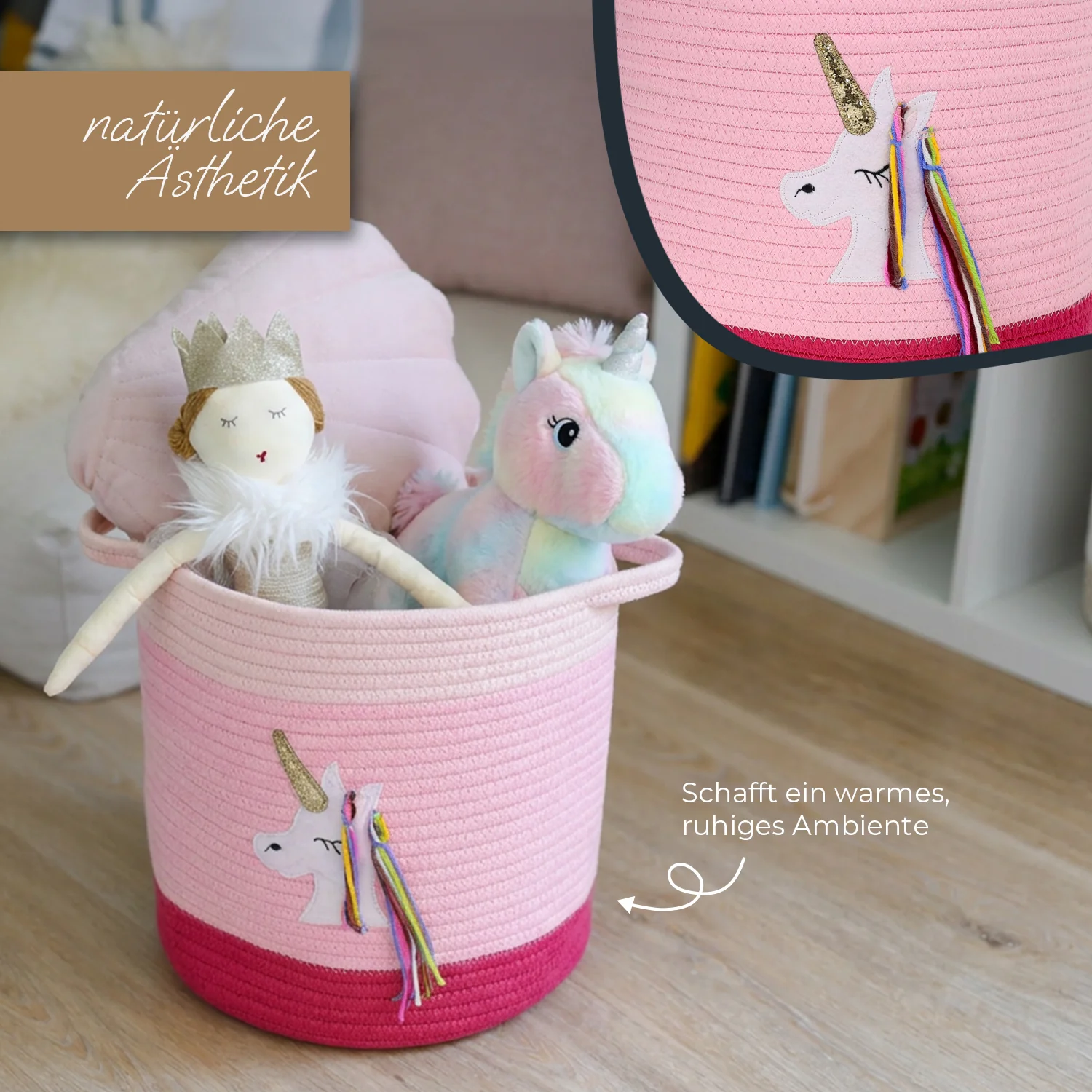 pinkes Korb, Einhornaufnäher, Korb mit Deckel, weiche Stofftiere, Aufbewahrungskorb