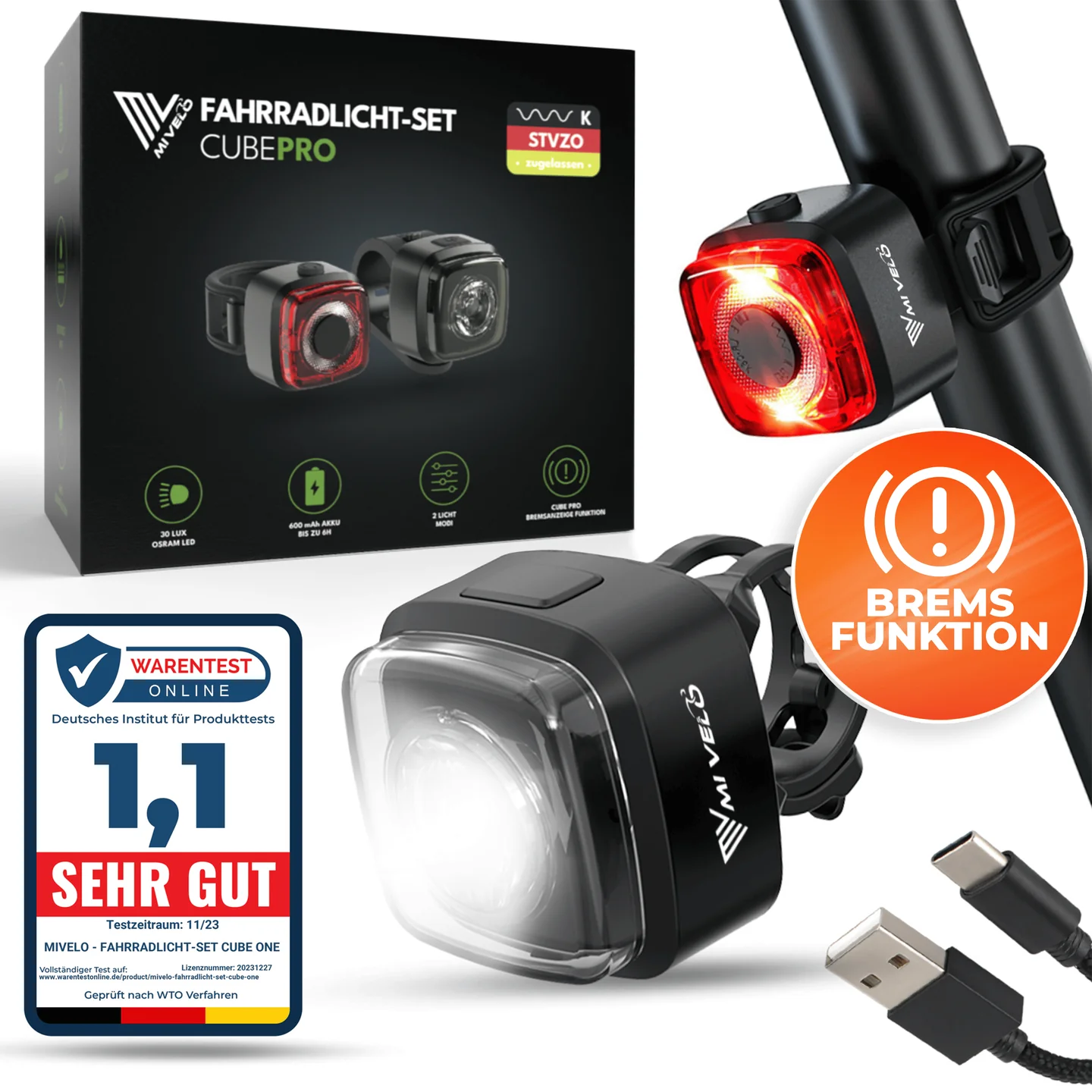 Fahrradlicht Set 30 Lux mit Bremslicht CUBE PRO - LED Vorne Hinten