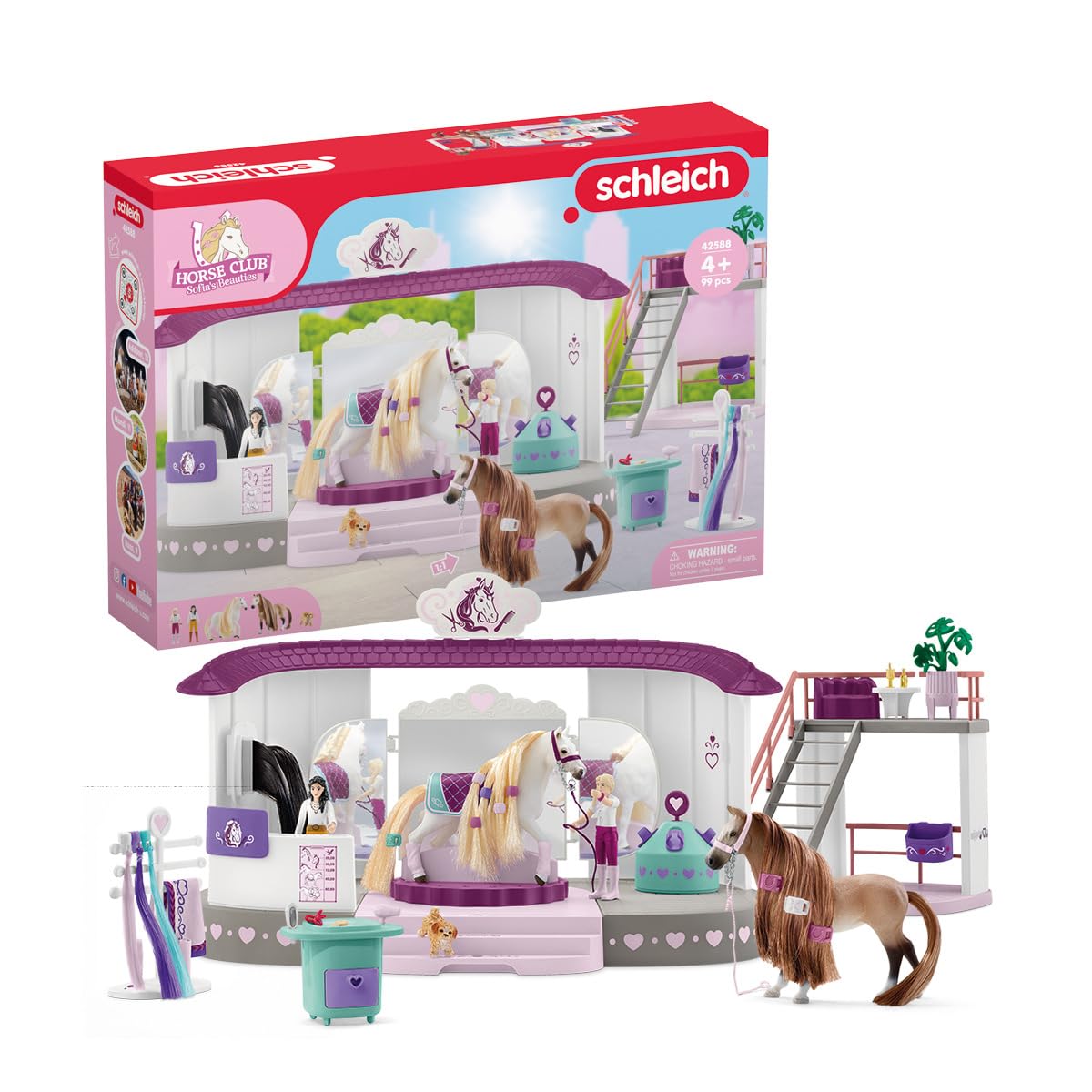 schleich HORSE CLUB 42588 Sofia's Beauties Pferde Beautysalon mit Stall, Bürsten-Zubehör, Figuren - 99-teiliges Spielset mit Pferd mit Mähne zum Striegeln - Pferde Spielzeug ab 4 Jahren