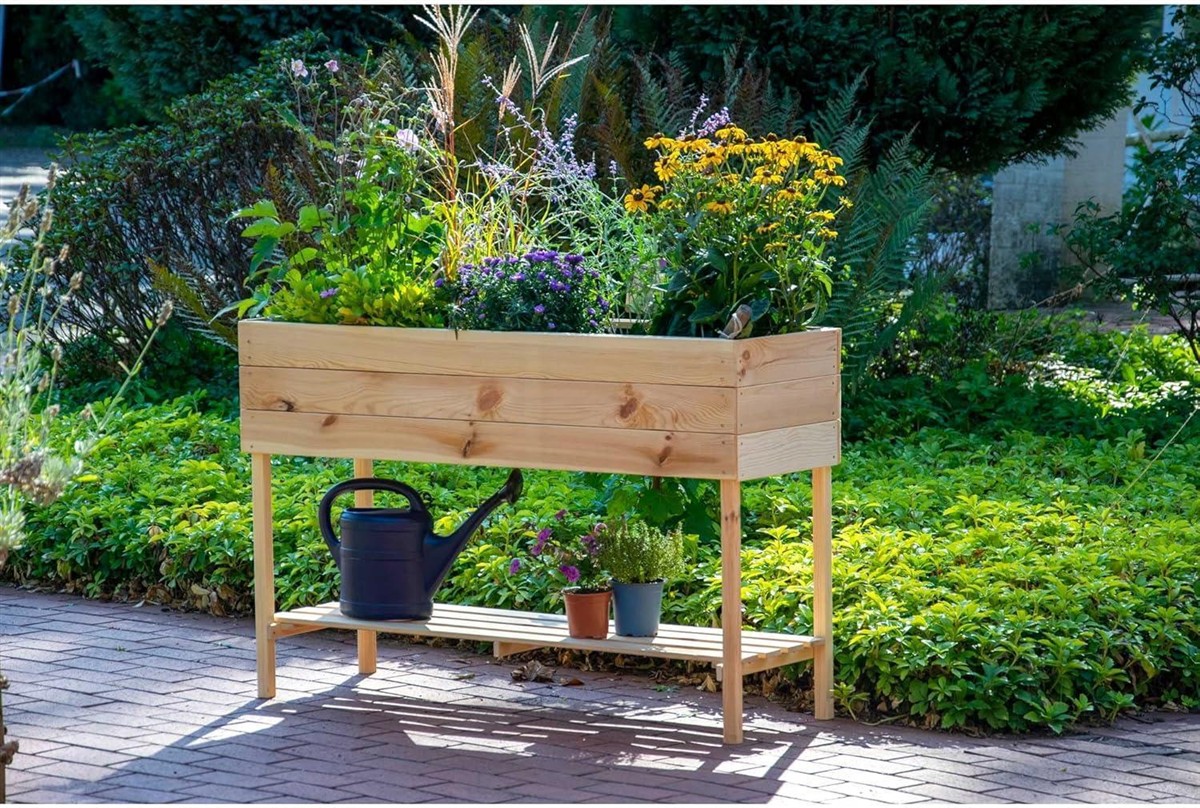 Blumentopf-Beet, Pflanzenkübel, Holzhochbeet, Gartenregal, Gießkanne