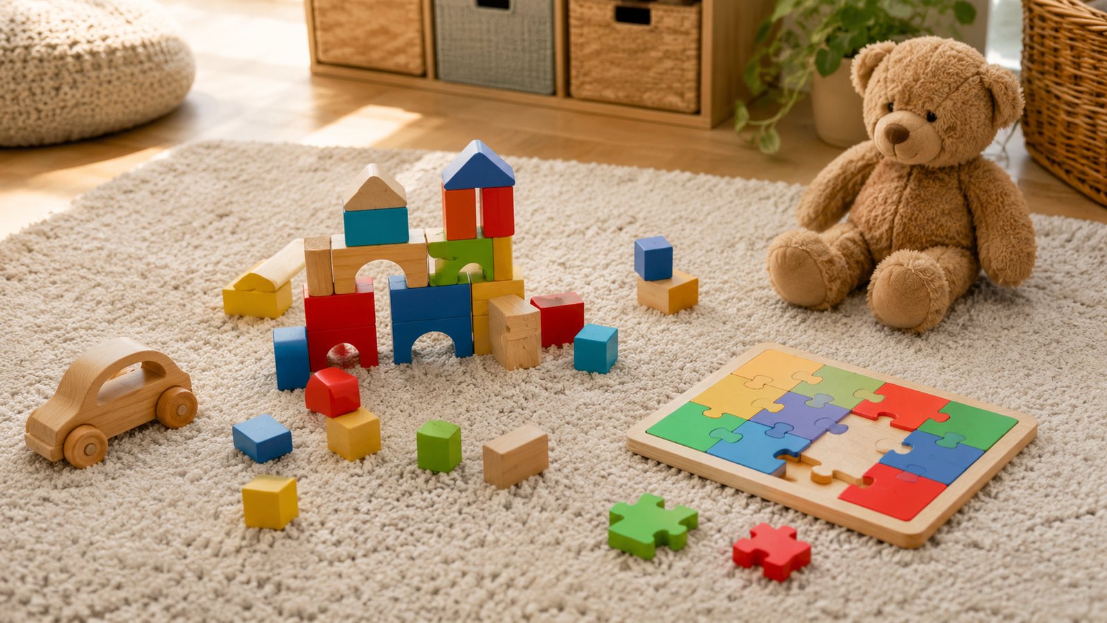 Kinderspielzeug, Holzbausteine, Puzzlespiel, Teddy, Spielzimmer