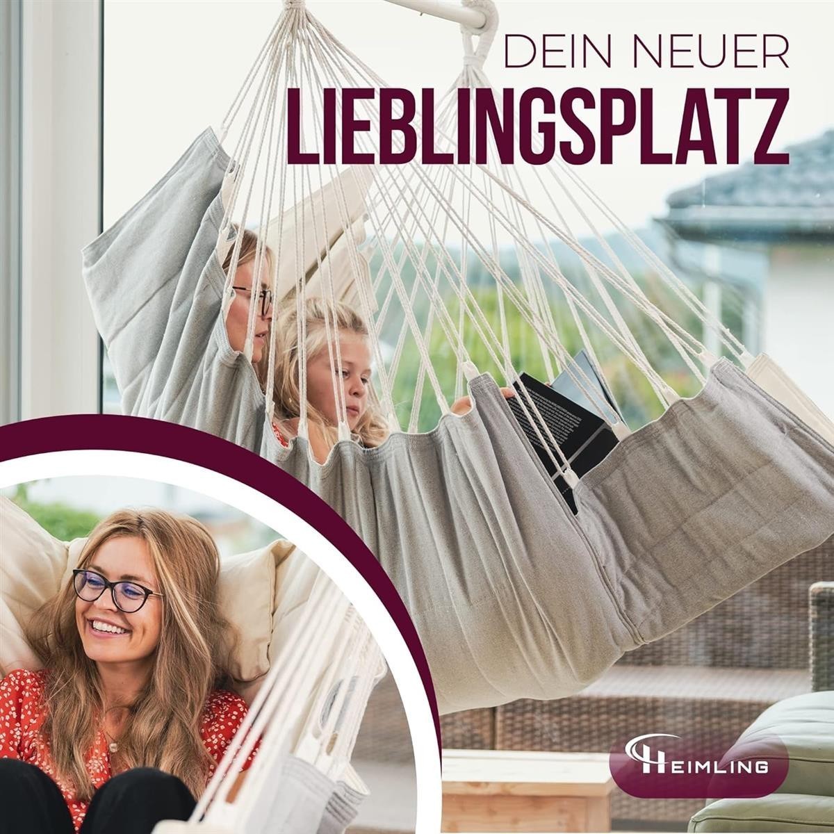 Hängesessel, Hängematte, grauer Stoff, Seitentaschen, Hängesitz