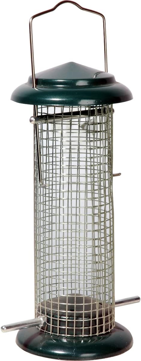 dobar Kompakte Vogelfuttersäule mit Anflugstangen  Wildvogelfutterspender für Nüsse - Vogelfutterstation Metall - Futterspender für Vögel in Garten/Terrasse/Balkon  Ø 9,5 x 23 cm - Grün