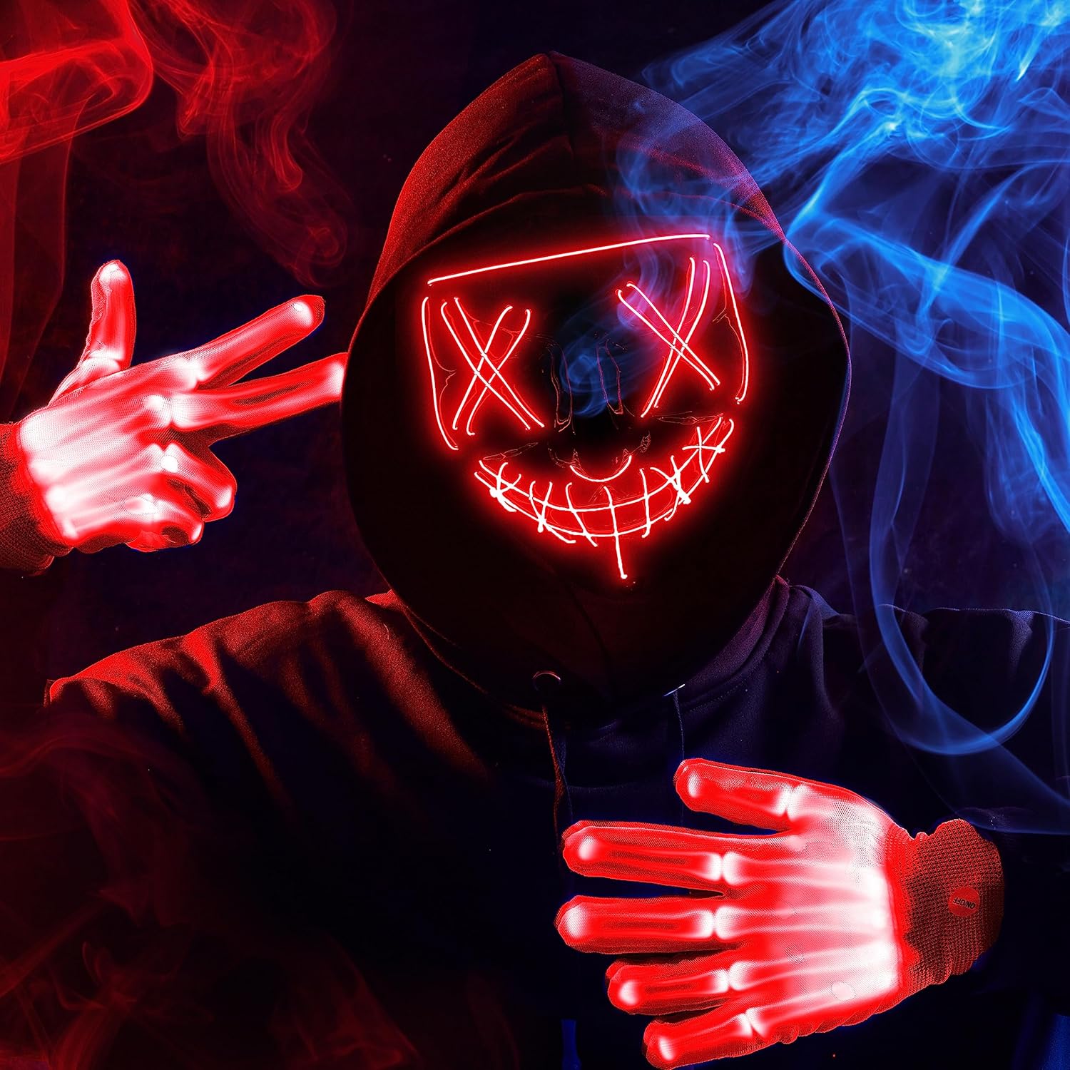 JOYIN Halloween-LED-Maske mit Handschuhen, 3 Modi, leuchtende Maske, Kostümzubehör (rot), gruselig, leuchtet im Dunkeln Masken für Cosplay Party Verkleidung Geschenke