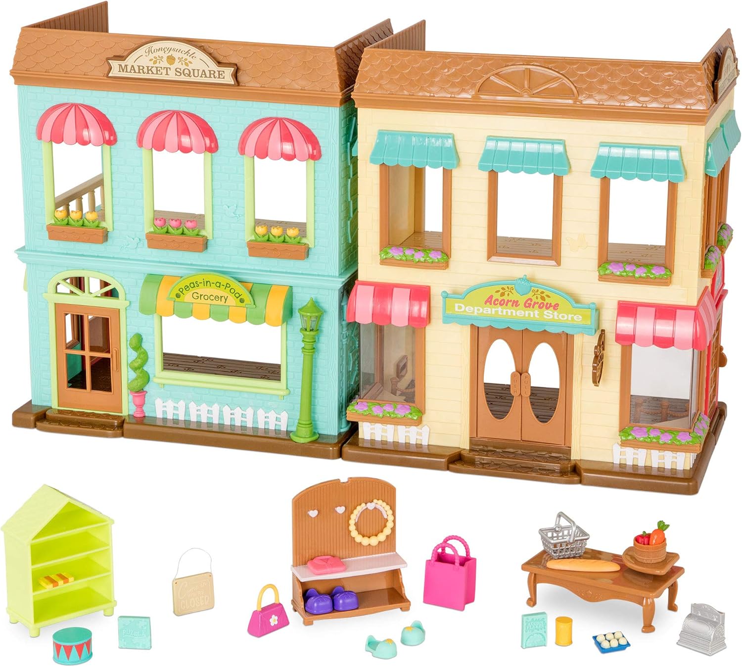 Li’l Woodzeez 24-teiliges Großes 41 cm Marktplatz Set mit Zubehör und 2 Stockwerken – Möbel, Kasse, Essen und mehr – Spielzeug für Kinder ab 3 Jahren