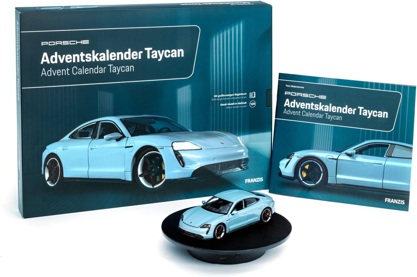 FRANZIS 67203 - Porsche Taycan Adventskalender frozen blue, Metall Modellbausatz im Maßstab 1:24, inkl. LED-Showroom-Beleuchtung und 52-seitigem Begleitbuch