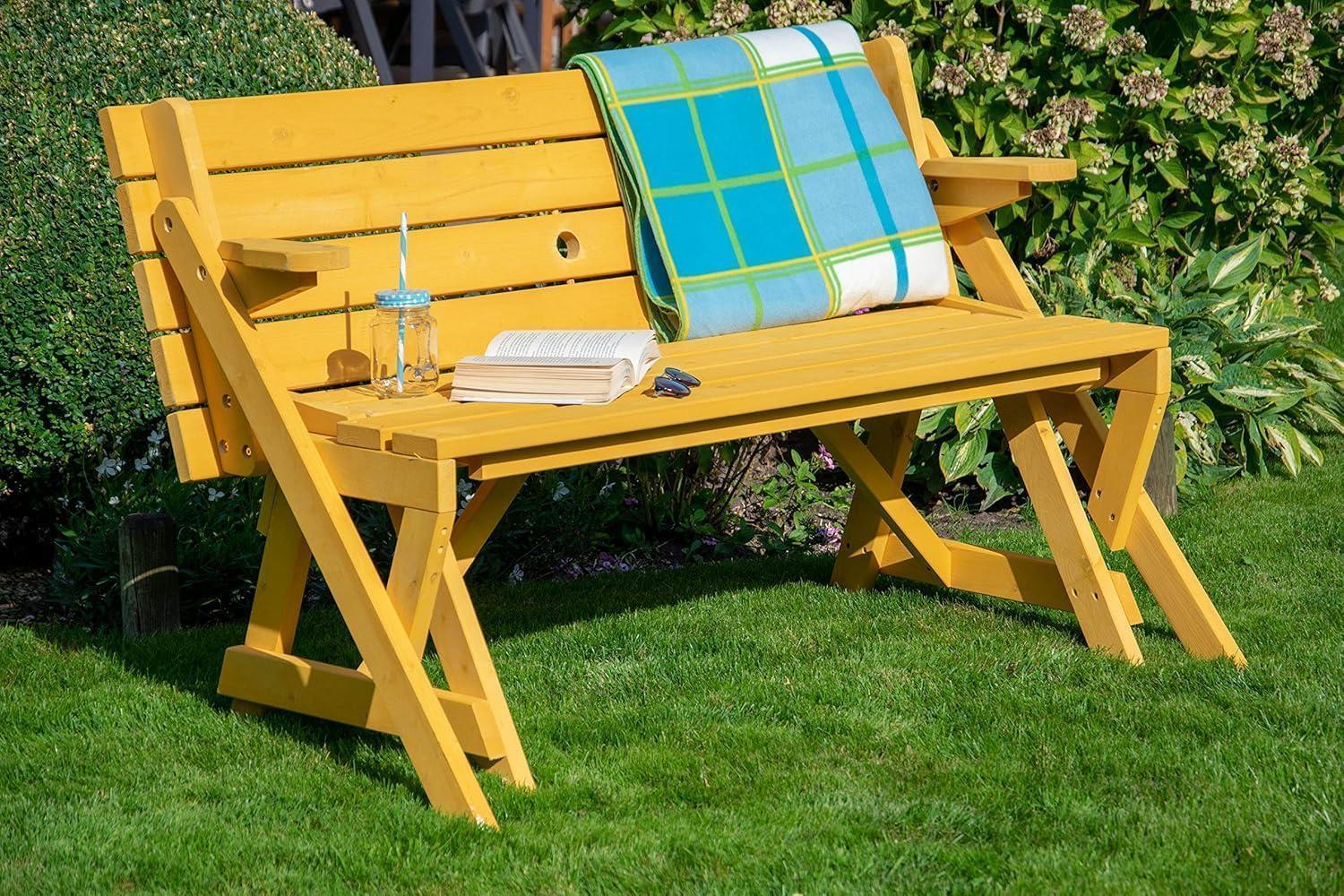 dobar Picknickbank 2in1 Groß Multifunktions Gartenbank Picknicktisch Massivholz Sitzbank und Tisch 4 Personen Sitzgarnitur Outdoor 138 x 144 x 77 cm Natur