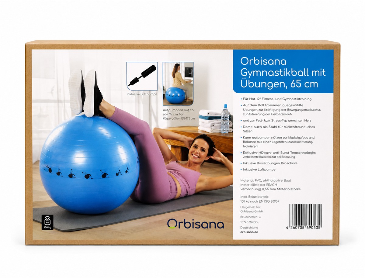 Fitness-Ball, Gymnastikball, 65 cm, Anti-Burst, Pumpe enthalten