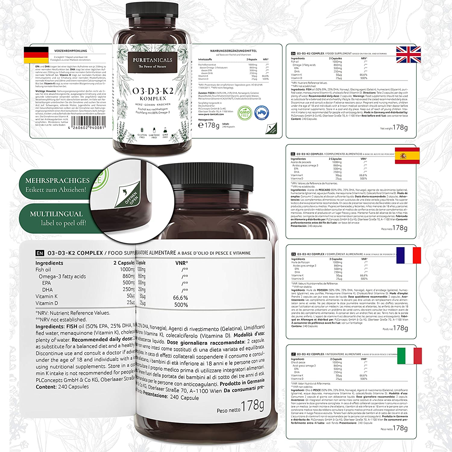 Puretanicals Omega 3 + Vitamin D3 K2 MK7 All-Trans mikroverkapselt 240 Kapseln