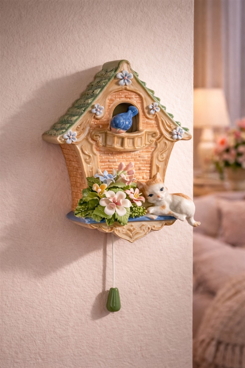 Kuckucksuhr, Katzenfigur, Blumenarrangement, Wanddekoration, Keramikuhr