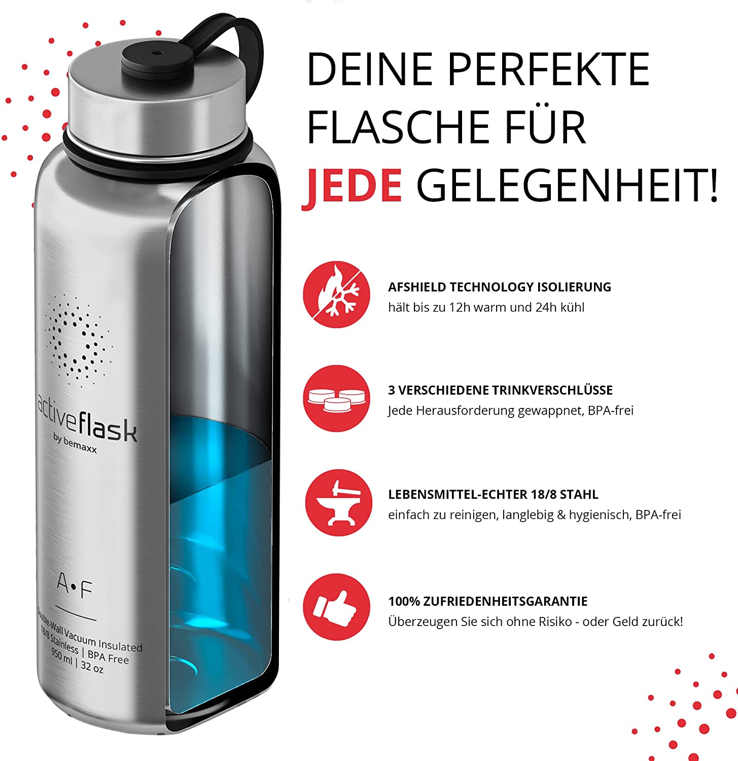 BeMaxx Trinkflasche Edelstahl ACTIVE FLASK silber 950ml
