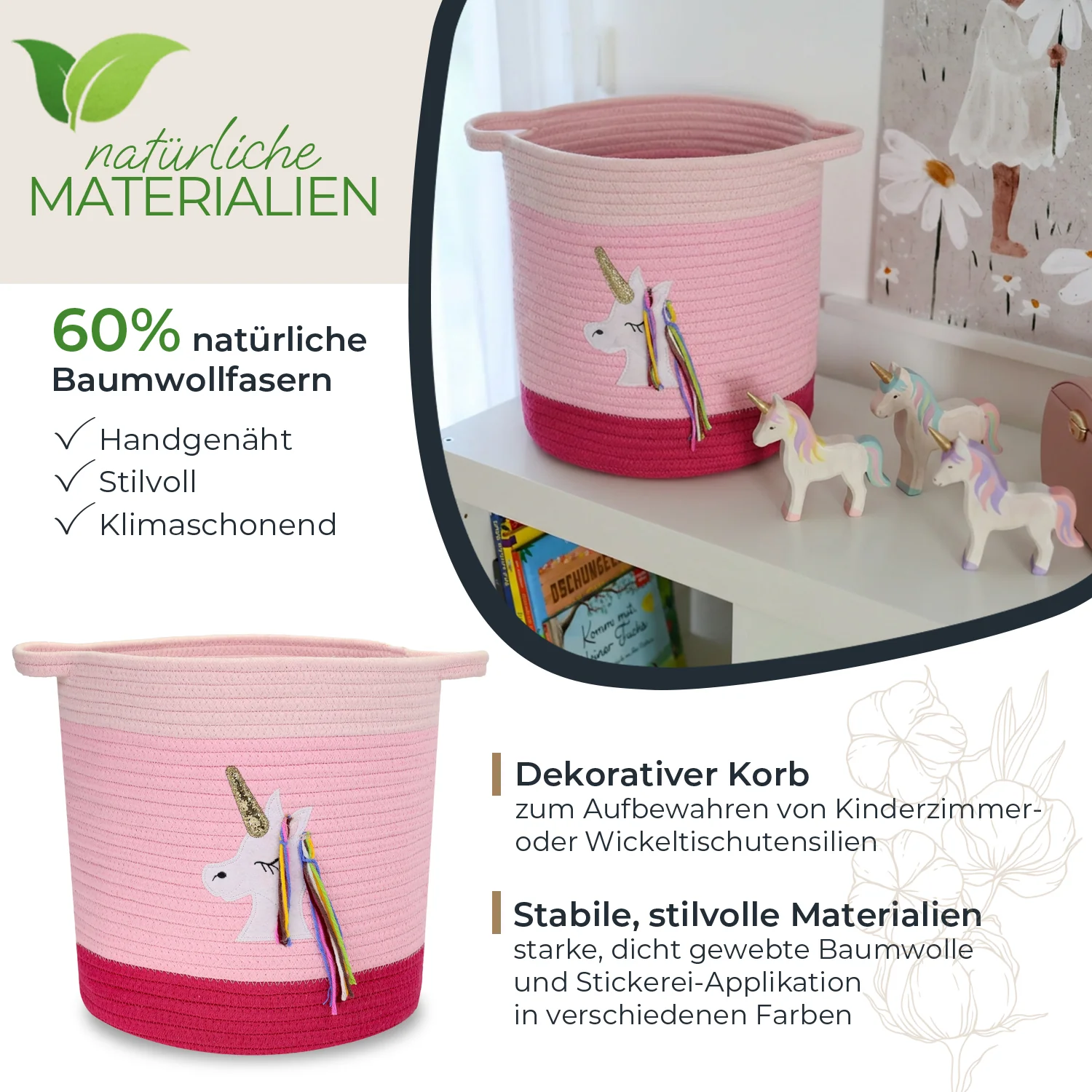 Kinderkorb, Dekorationskorb, Baumwolle, rosa, unicornen