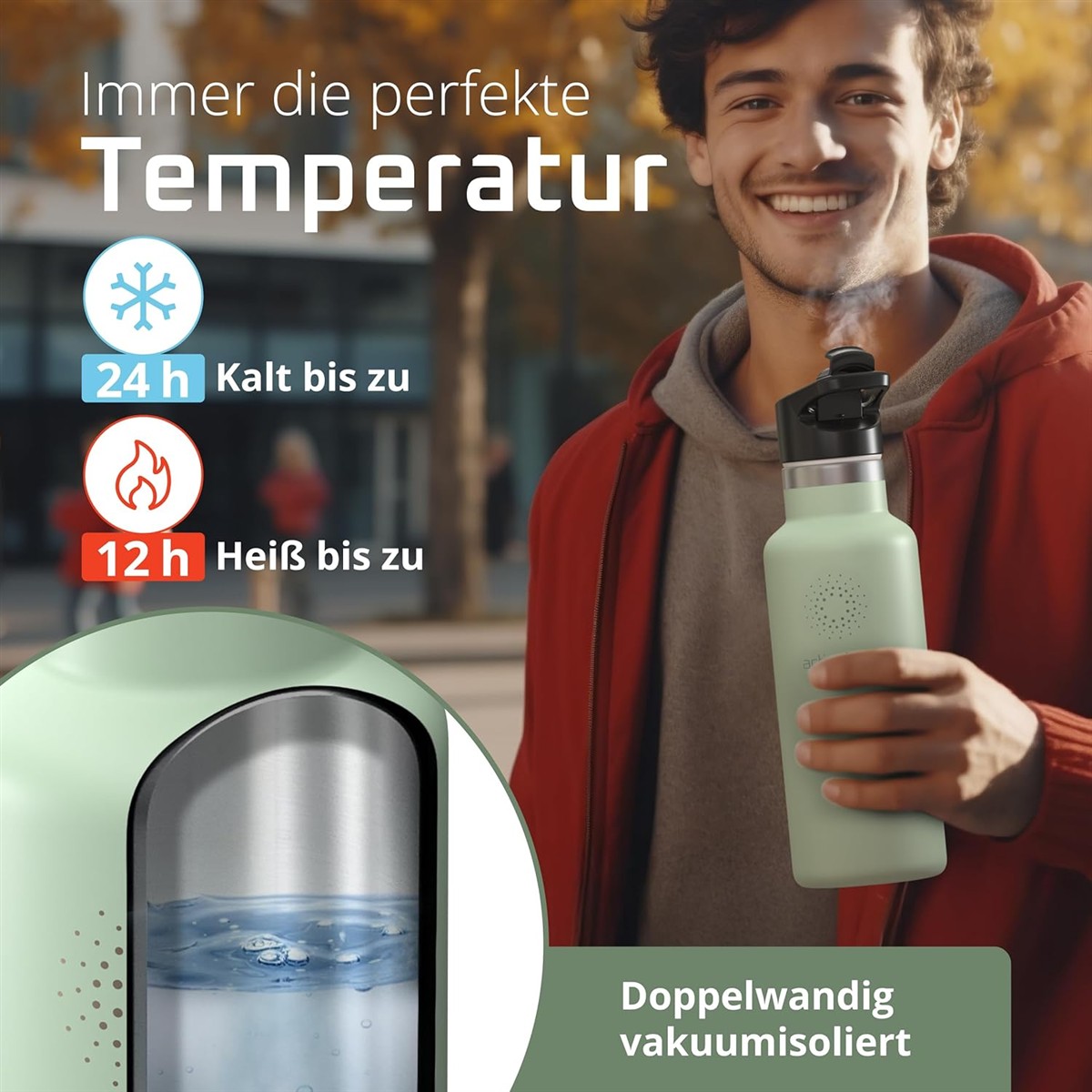 Trinkflasche, Isolierte Flasche, Vakuumisoliert, Stahlinnenseite, Glas-/Metallisolierung