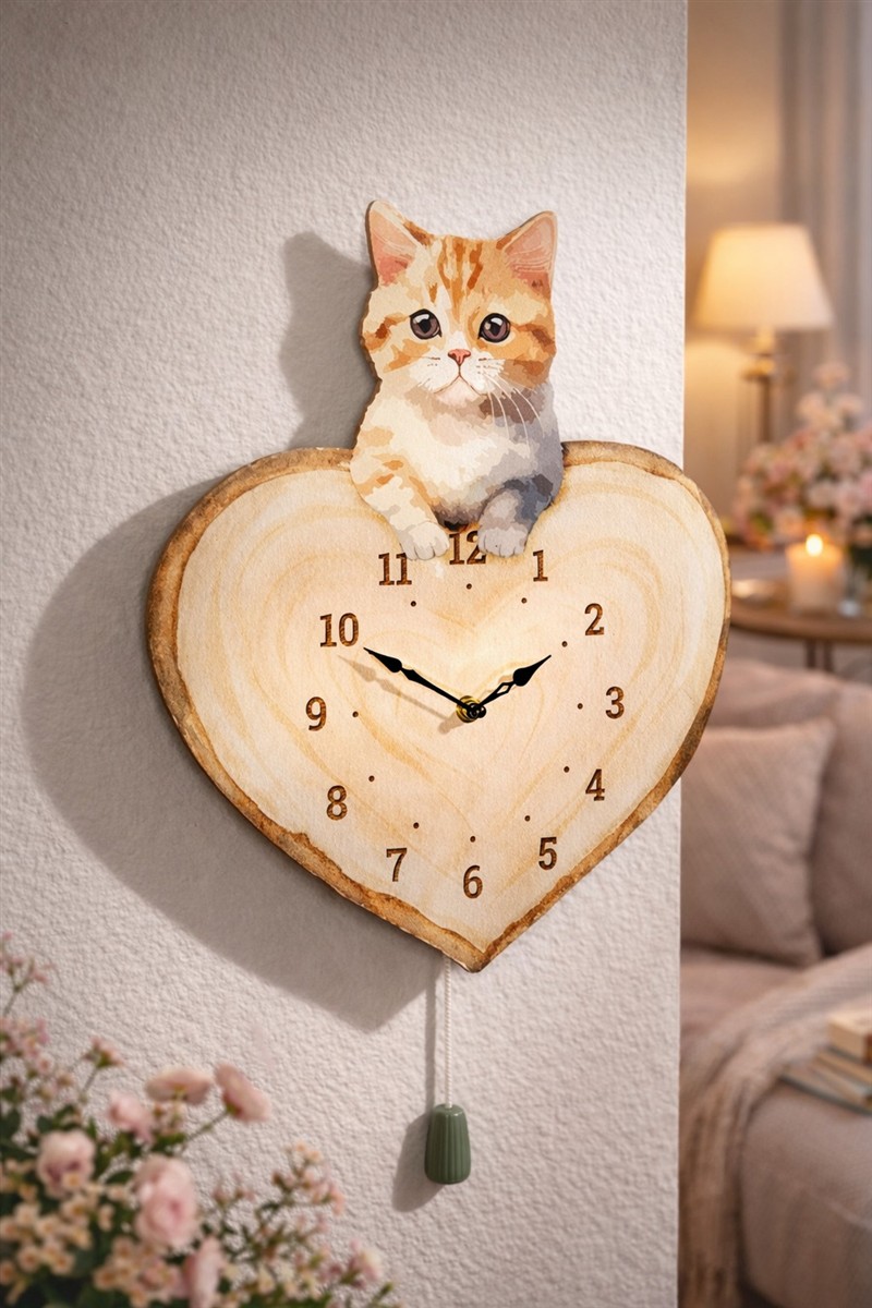 Katzenbild, Herzuhr, Holzclock, Puzzleclock, Wohnaccessoire