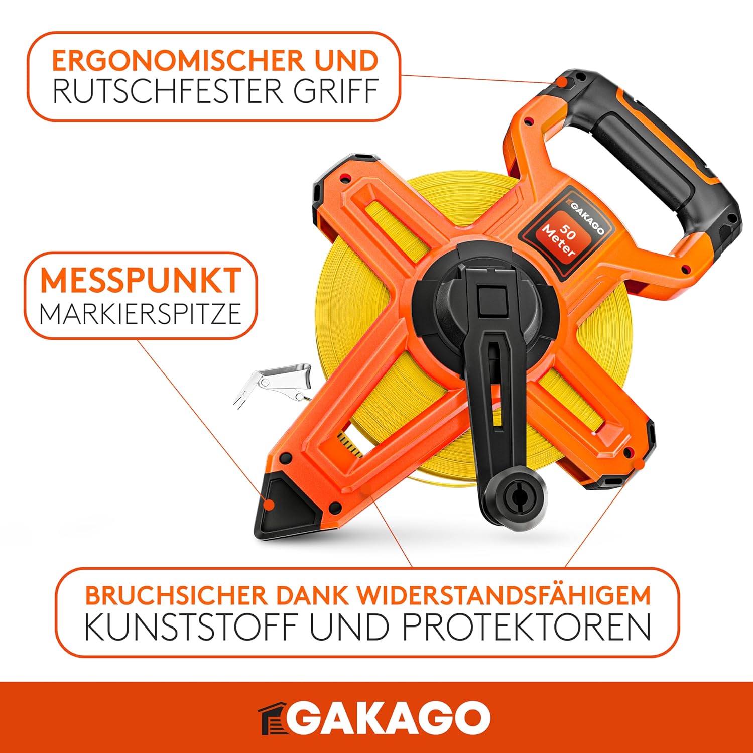 Gakago Bandmaß 50m - 3-fach übersetztes Rollmaßband Maßband Masbandrolle