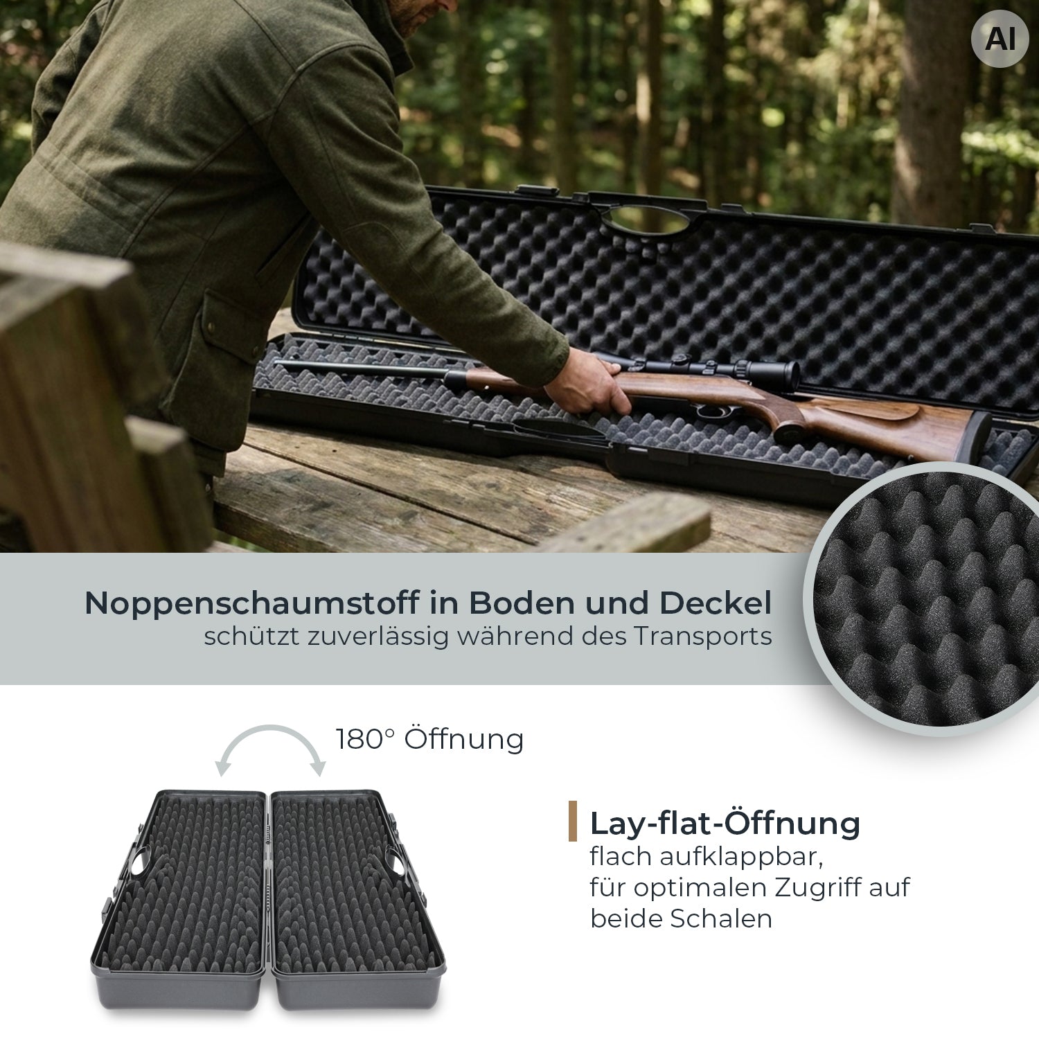 Gewehrkoffer, Hartschalenkoffer, Noppenschaumstoff, 180°-Öffnung, Schwarz