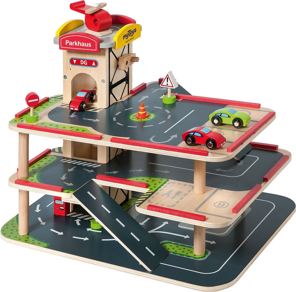 myToys ORIGINALS Parkgarage aus Holz inkl. Autos, 10-teilig mit 4 Autos, aus Holz, mit Tankstelle, mit Hubschraber, Parkhaus