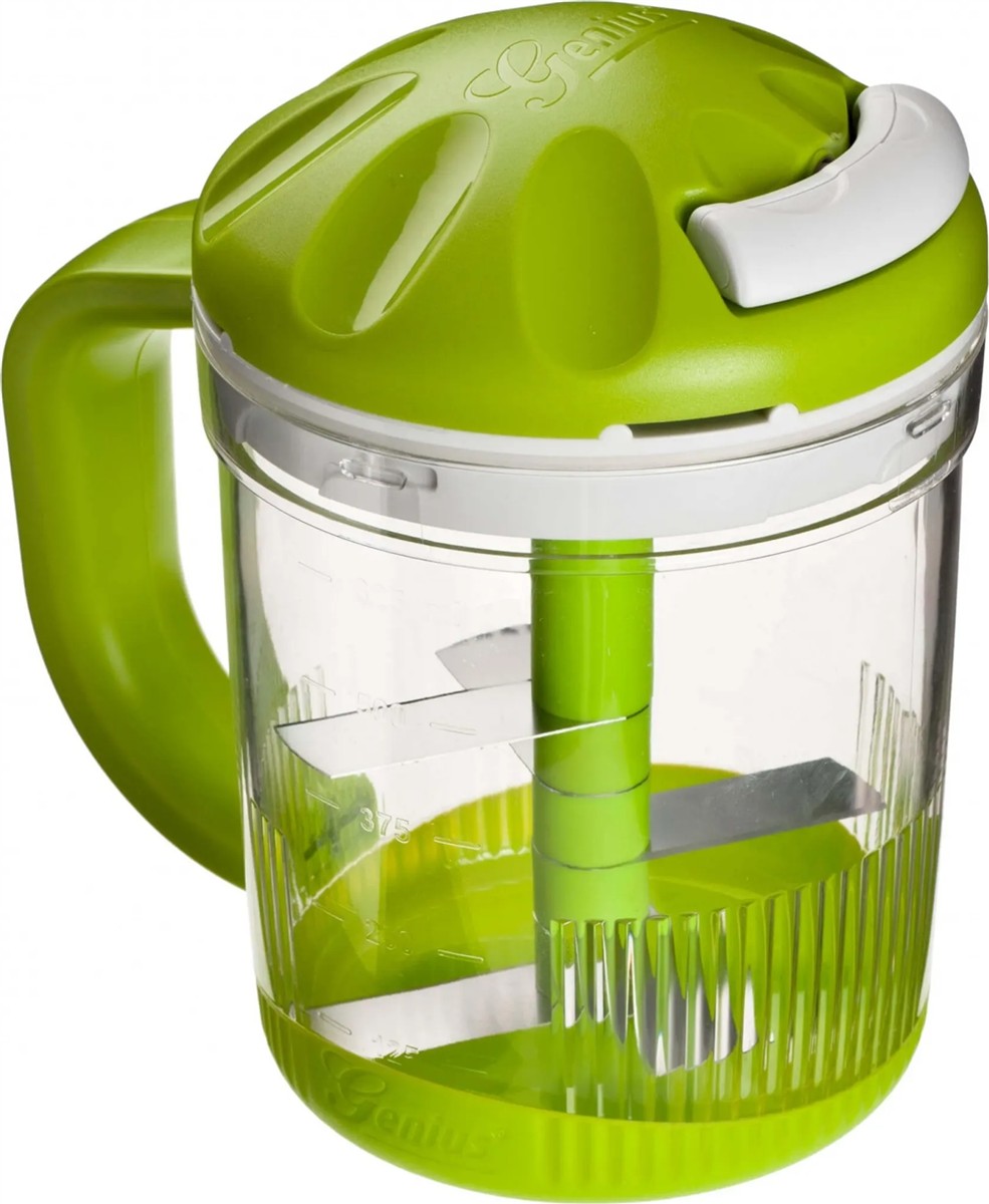 Genius Twist N Joy Gemüseschneider 3 tlg. Zwiebelschneider manuell, Obst Gemüse Zerkleinerer Multizerkleinerer mit 5 Messereinsatz 625 ml Behälter