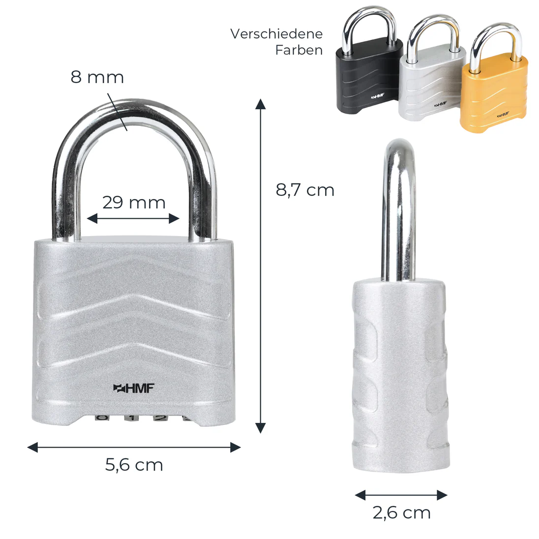 HMF Zahlenschloss Vorhängeschloss robustes Schloss mit 4-stelligem Zahlencode aus Aluminiumlegierung 5,6 x 2,6 x 8,7 cm Silber