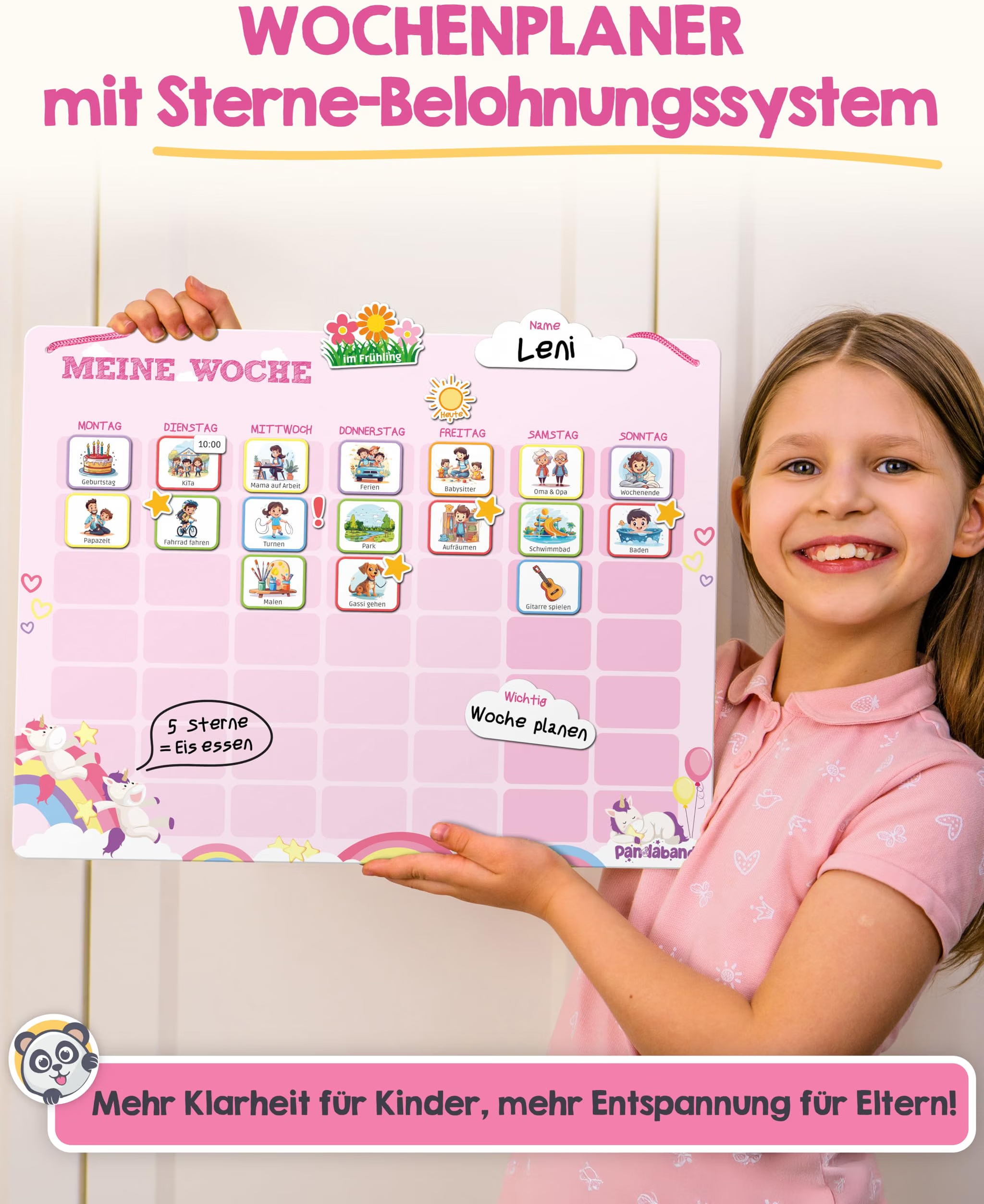 Kinderplaner, Wochentafel, Sterne-Belohnungssystem, Panda-Logo, Spaßlayout