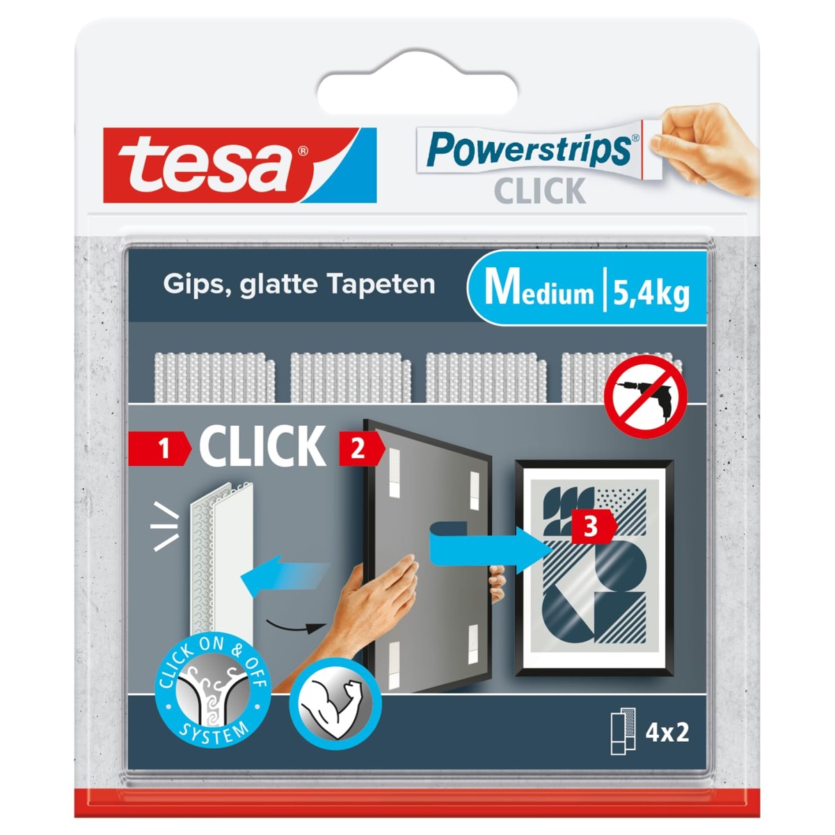 Klebestreifen, Bilderbefestigung, Gipswände, 4er-Pack, 5,4 kg Tragkraft