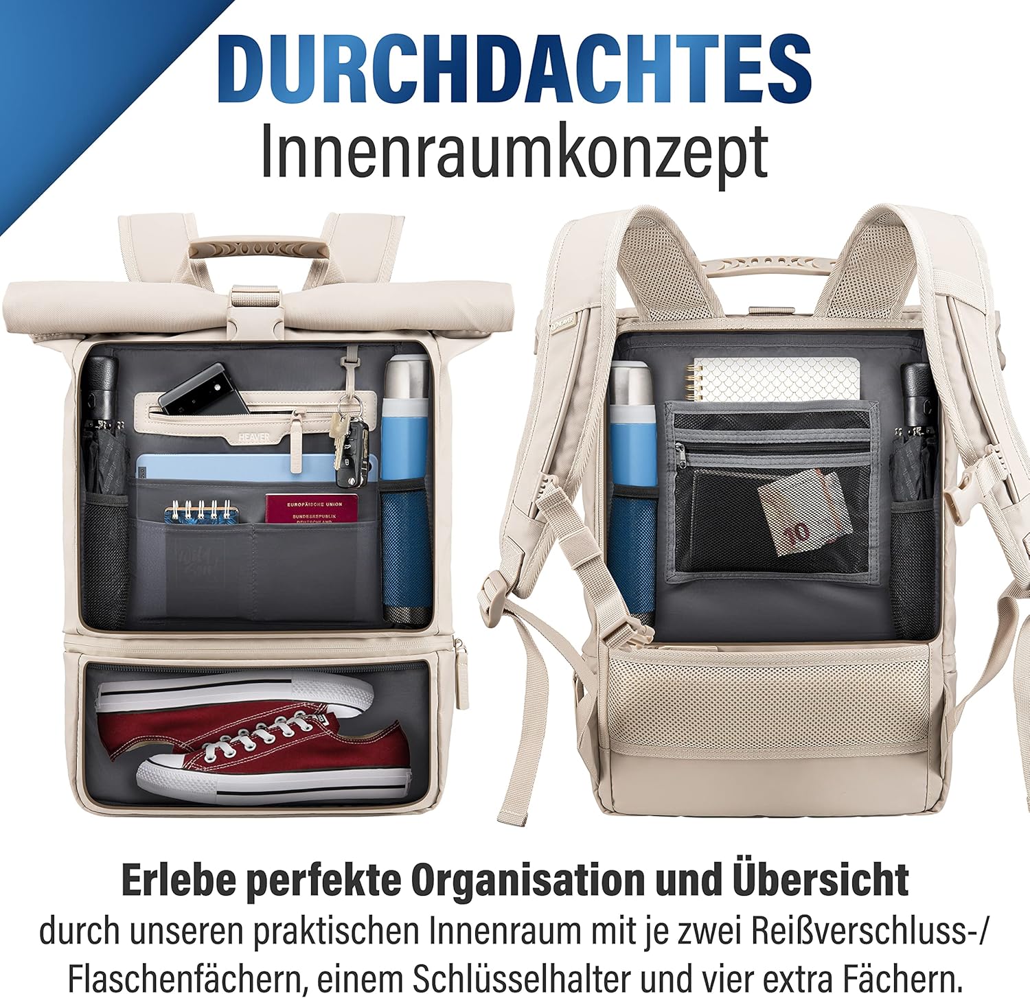 Heaver Rolltop Rucksack Damen & Herren mit Laptopfach Rollrucksack Daypack creme