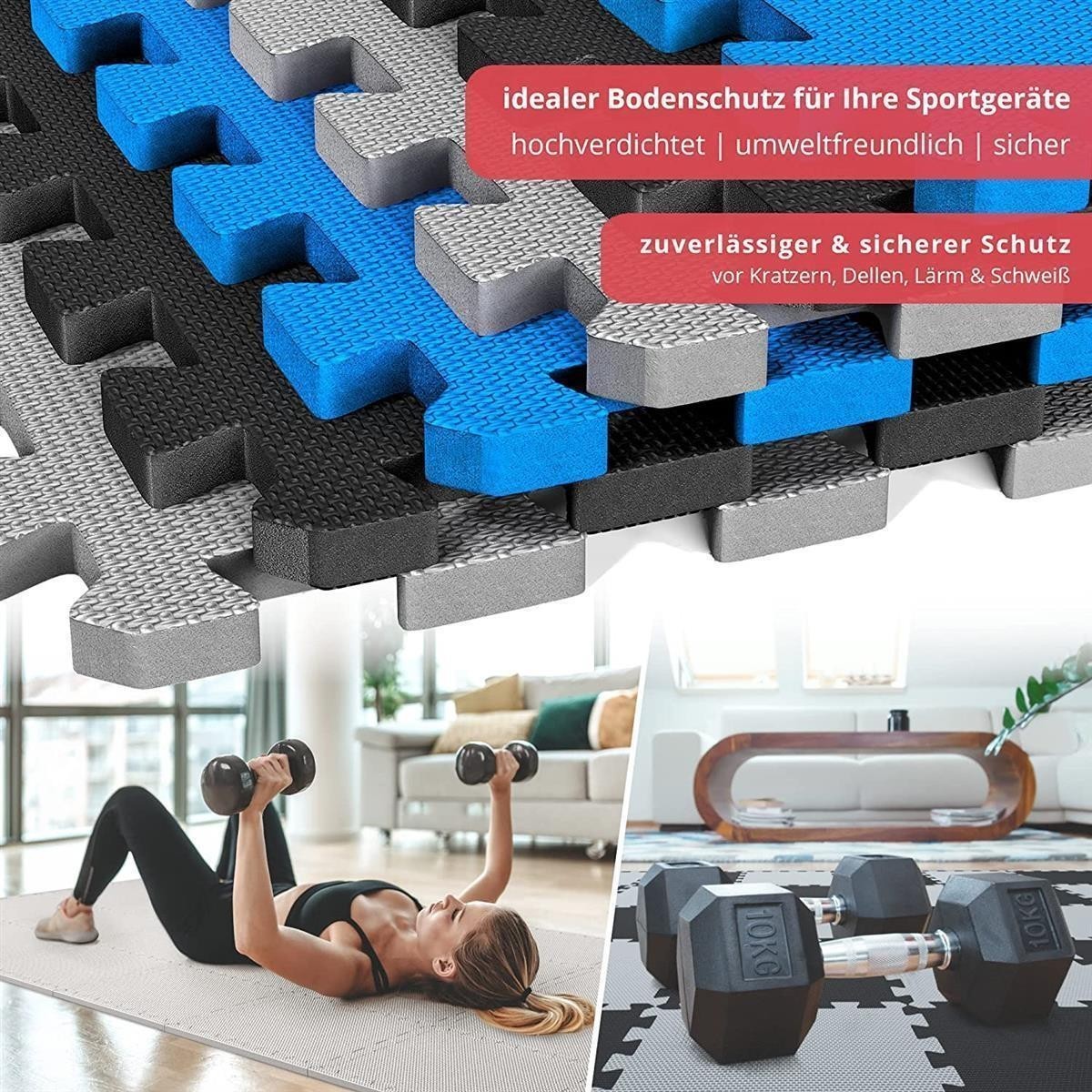 Gummi-Puzzleteile, Sportbodenmatte, Fitnessmatte, Gewichte, Wohnraum-Setup