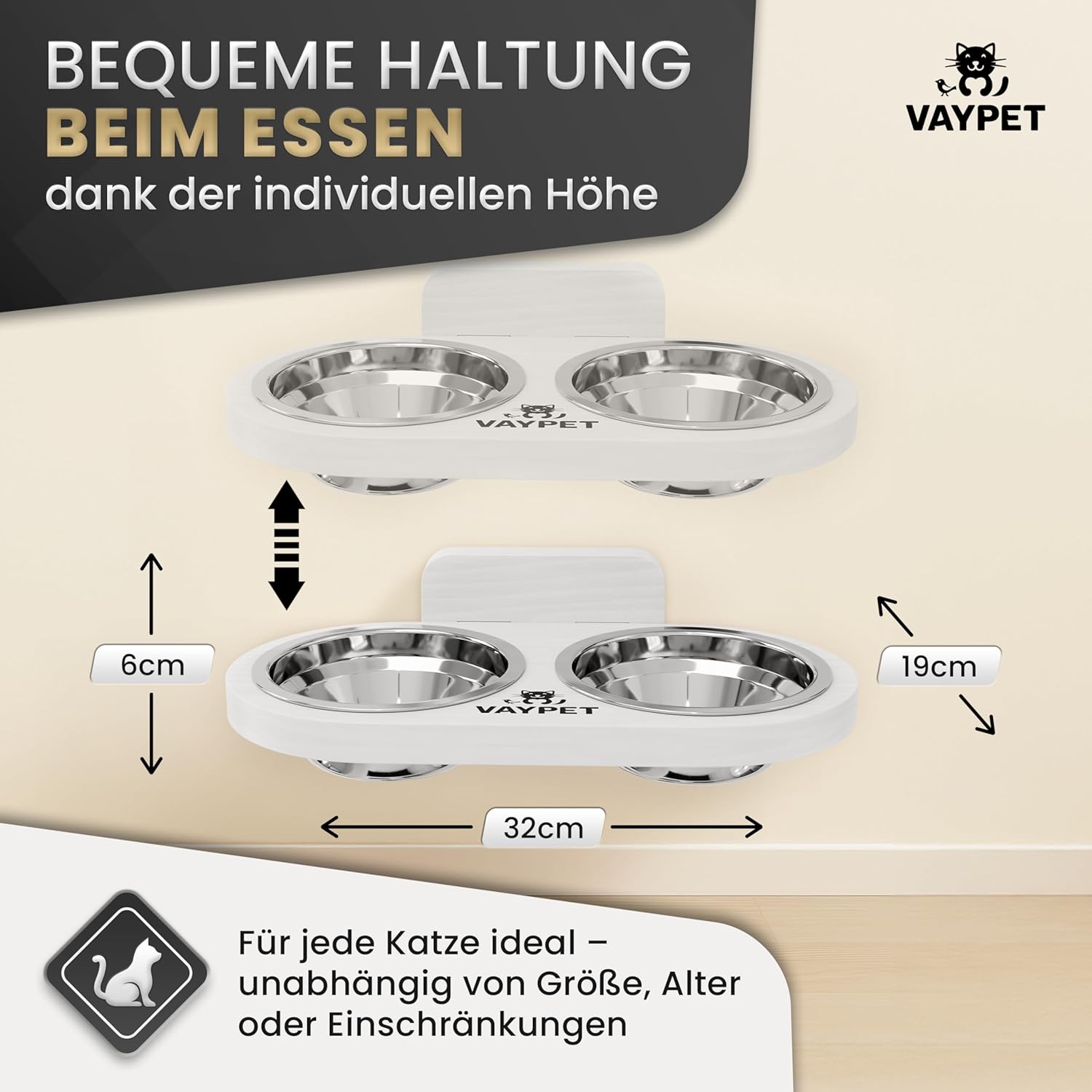 VAYPET Doppel-Katzennapf erhöht Futternapf Fressnapf Schwebend montierbar weiß