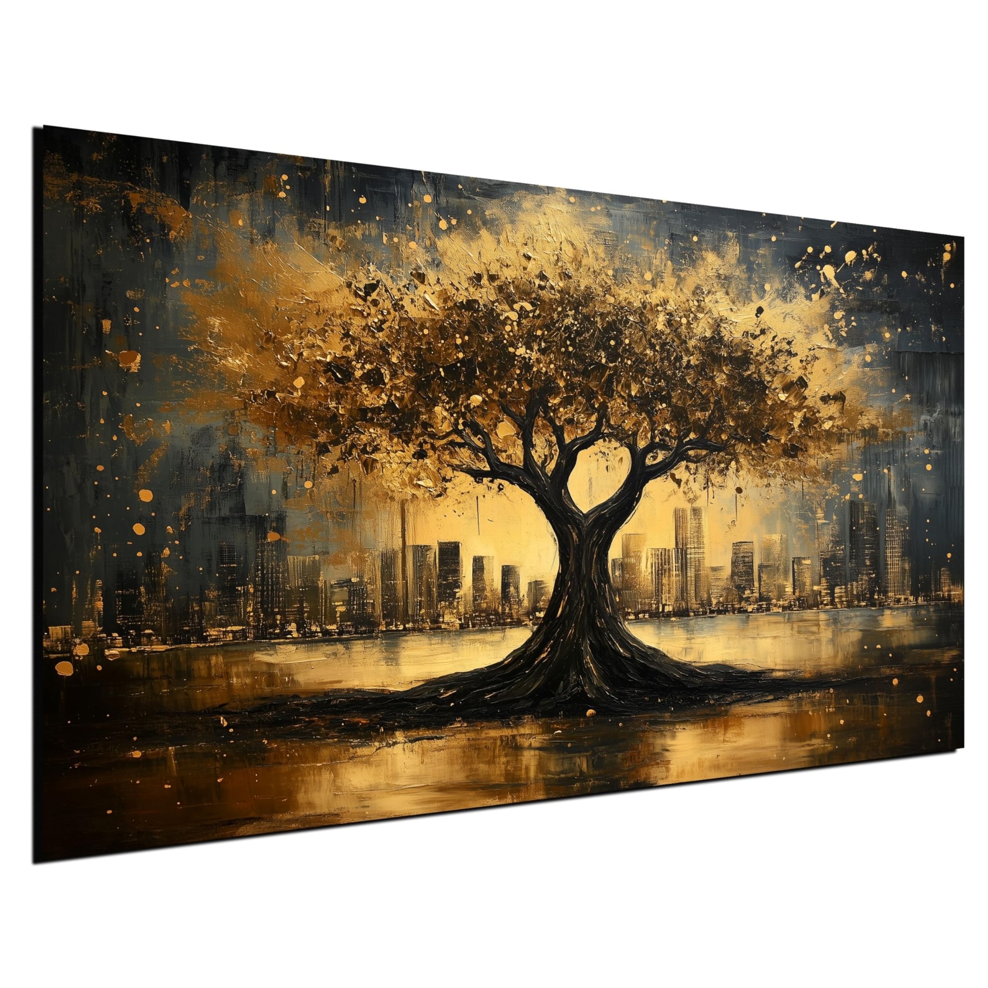 Leinwandbild, Abstrakte Malerei, Baummotiv, Gold-Schwarz, Stadtlandschaft
