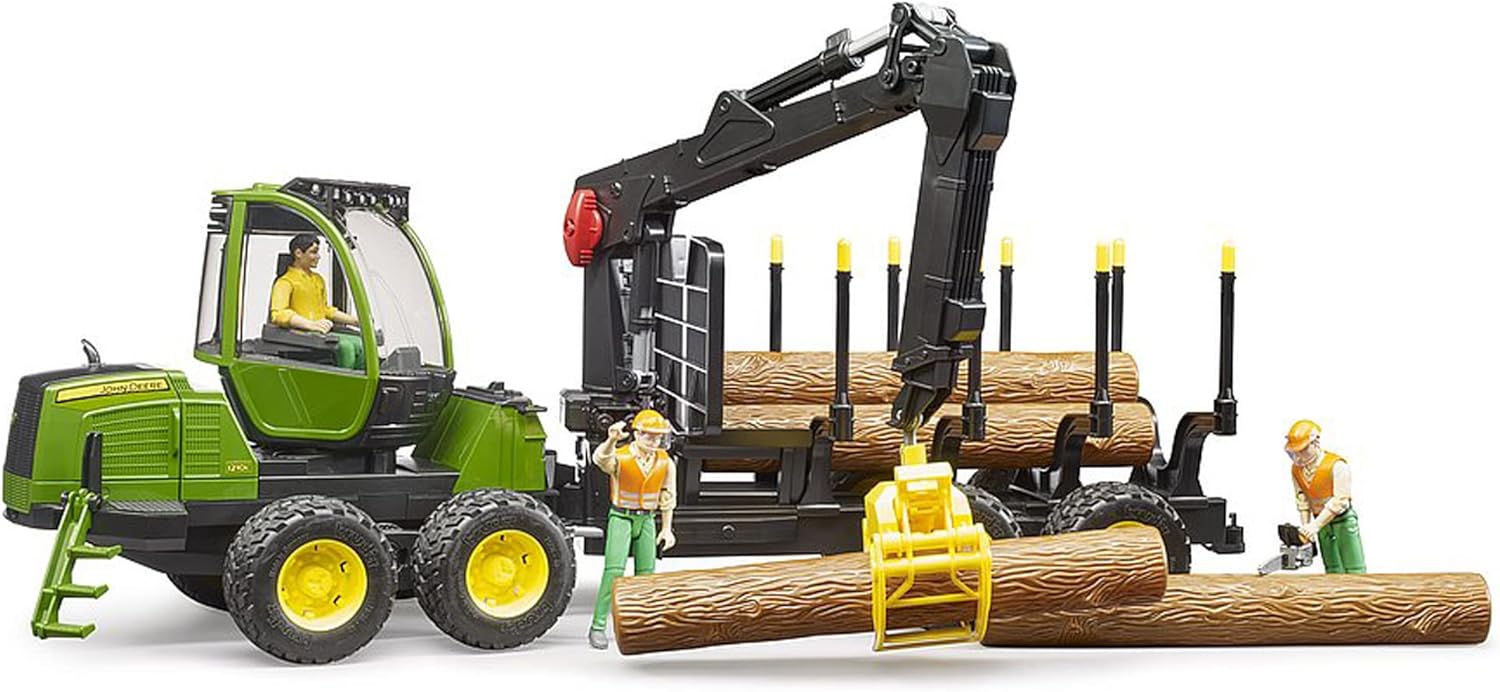BRUDER 02133 John Deere 1210E Rückezug mit 4 Baumstämmen und Holzgreifer  Bauernhof Landwirtschaft Forstwirtschaft Waldarbeit Traktor Trecker Schlepper Bulldog Holztransporter Spielzeug 1:16
