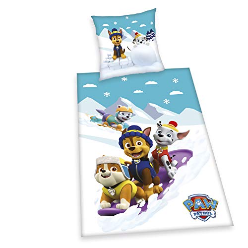 Herding Paw Patrol Bettwäsche-Set, Kopfkissenbezug 80 x 80 cm, Bettbezug 135 x 200 cm, mit praktischem Knopfverschluss, 100% Baumwolle/Flanell
