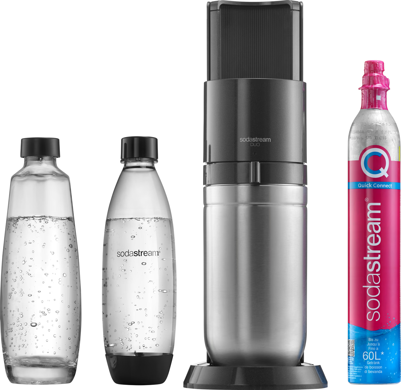 Wassersprudler, Edelstahlgehäuse, Glasflaschen, CO₂-Zylinder, Quick-Connect-System