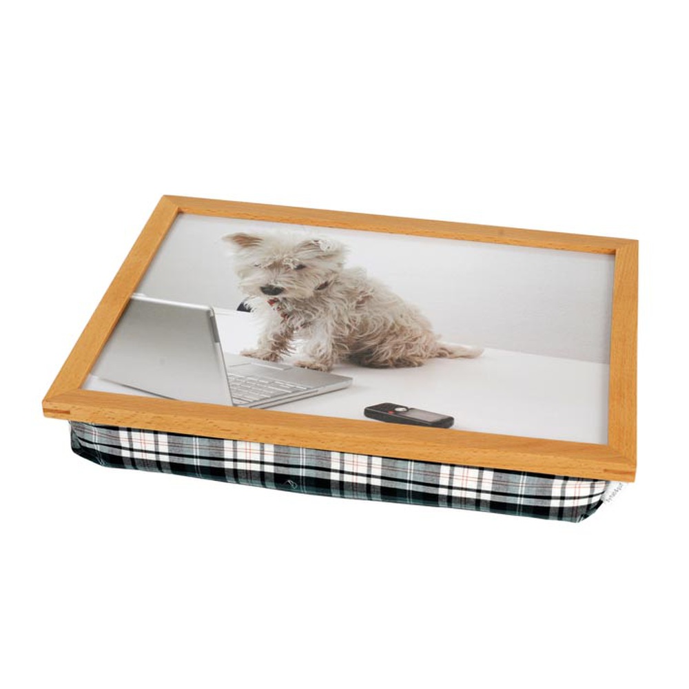 Tablettkissen mit Holzrahmen Hund vor Laptop