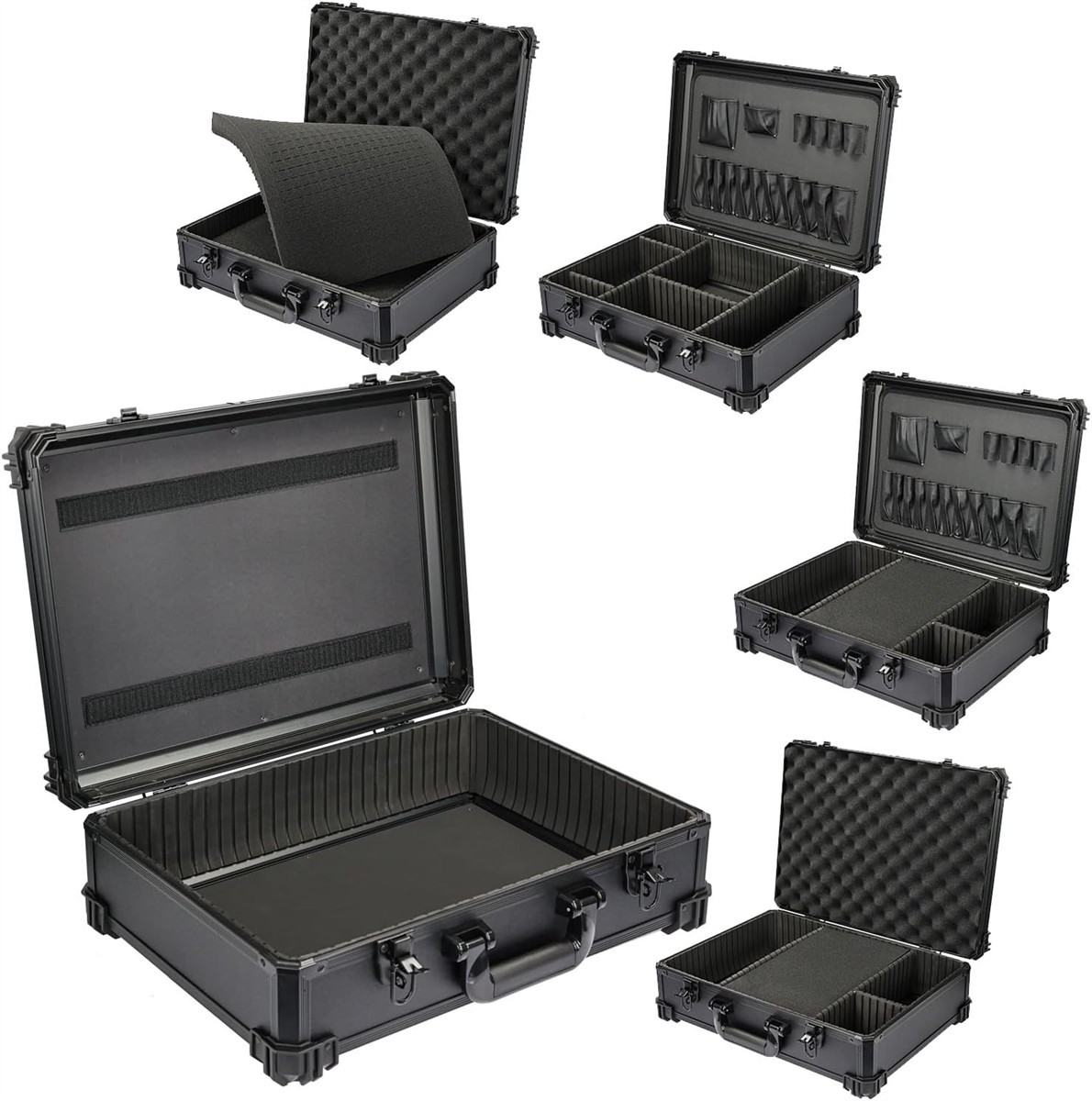 Schutzkoffer, schwarzer Hartschalenkoffer, Schaumstoffeinlage, variable Facheinteilung, Organizer im Deckel