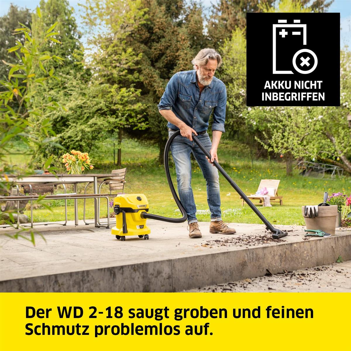 Kärcher Akku-Nass-/Trockensauger WD 2-18, inkl. Filter, Fugen- und Nass-/Trockensaugdüse, 225 Watt, Kunststoffbehälter: 12 l, Saugschlauch: 1,8 m, ohne Akku, ohne Ladegerät, Gelb
