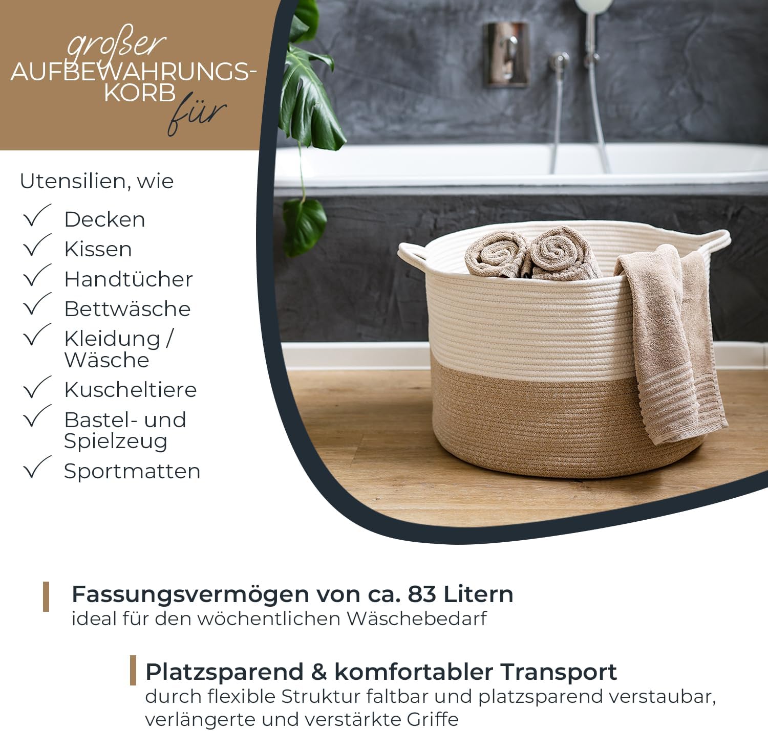 HMF XXL Wäschekorb rund 55x35 cm weiß-braun