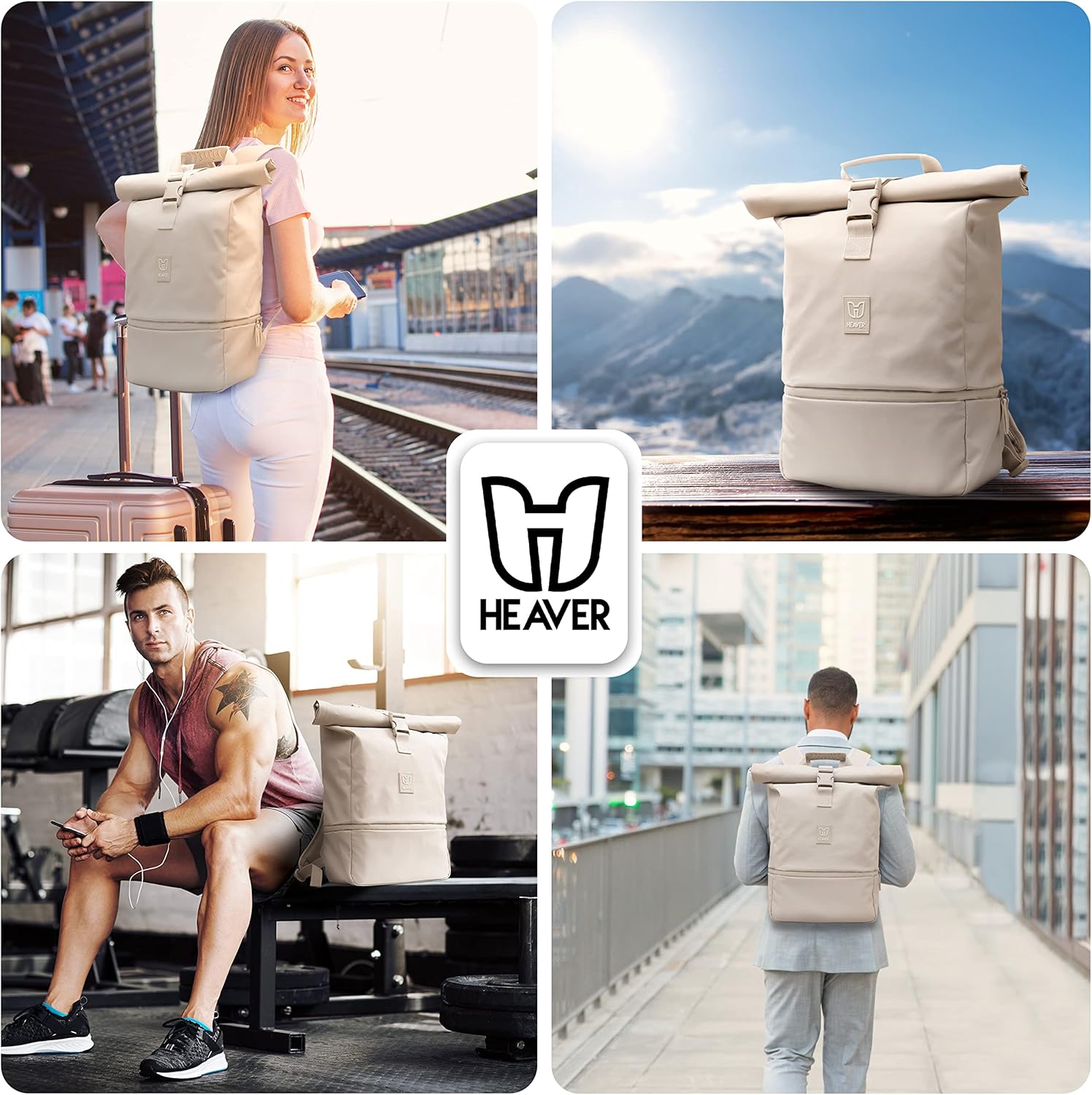 Heaver Rolltop Rucksack Damen & Herren mit Laptopfach Rollrucksack Daypack creme